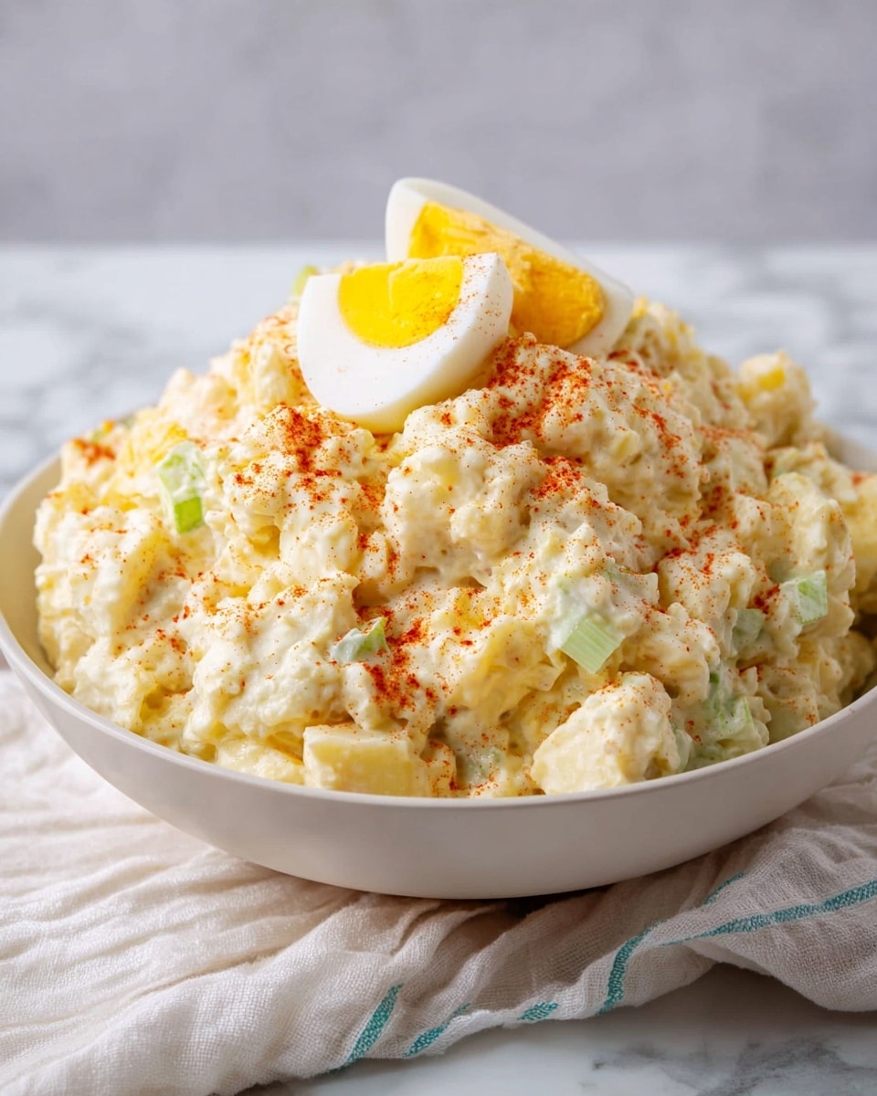 A large white bowl filled with a creamy potato salad that has a chunky texture with visible bits of potato and small green celery pieces mixed in. The potato salad is sprinkled lightly with red paprika powder on top, adding a touch of color. Two slices of hard-boiled egg with bright yellow yolks rest on top of the potato salad mound. The bowl sits on a white marbled surface with a white cloth loosely placed nearby. The overall color palette is soft and light with creamy yellow and white tones. Photo taken with an iphone --ar 4:5 --v 7