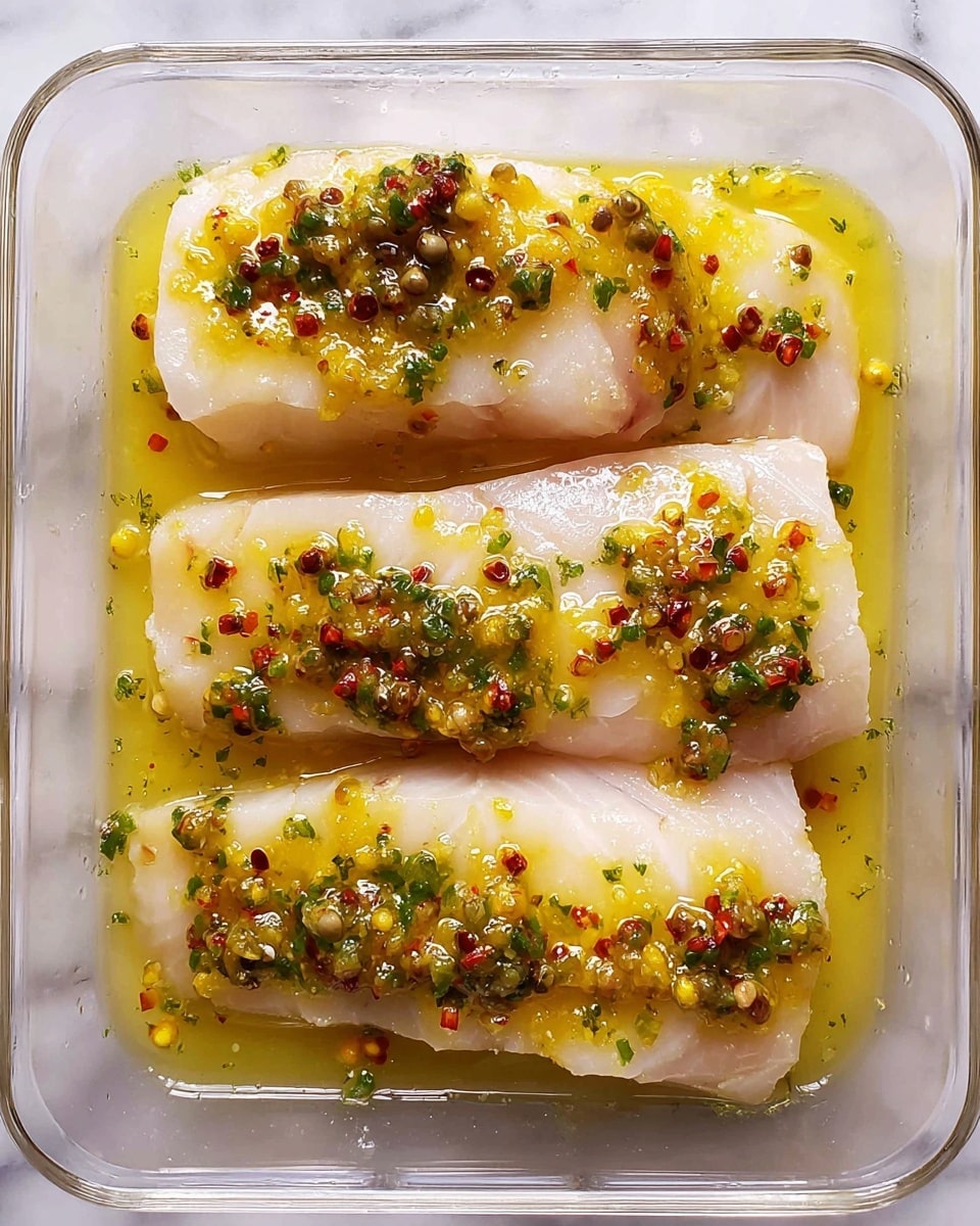The image shows three pieces of light pink fish fillets arranged side by side in a clear rectangular dish on a white marbled surface. Each fillet is topped with a yellow sauce that has a slightly chunky texture, mixed with small green peppercorns and scattered red chili flakes. The fillets look fresh and moist with a soft sheen from the sauce. photo taken with an iphone --ar 4:5 --v 7