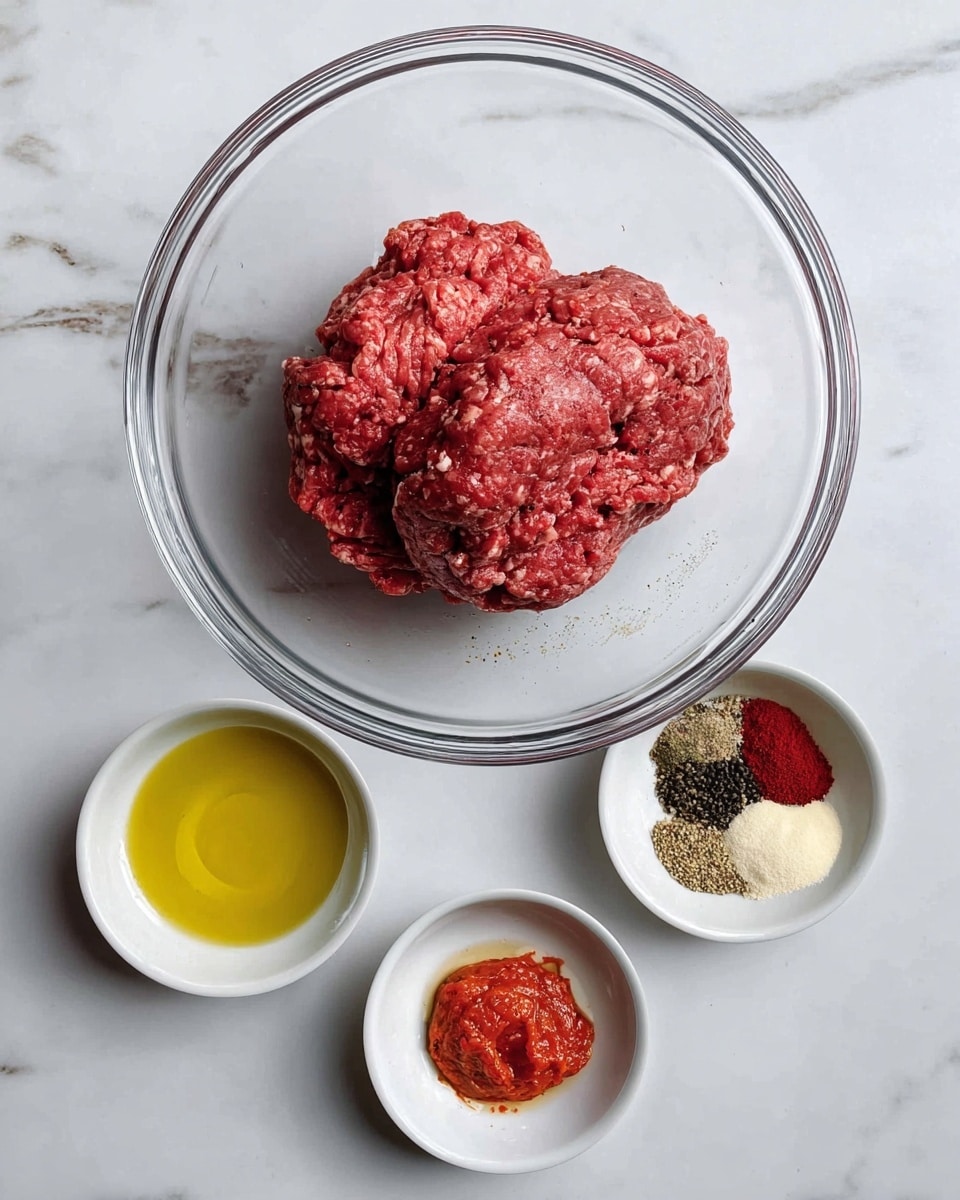 A clear glass bowl in the center holds a mound of raw red ground meat with a slightly rough texture. Below it, three smaller white bowls are arranged: the left one contains golden yellow oil with a smooth surface, the middle one holds a mix of colorful spices including red, black, white, and brown powders arranged in sections, and the right one has a small serving of bright red paste with a thick texture. Everything sits on a white marbled surface. photo taken with an iphone --ar 4:5 --v 7