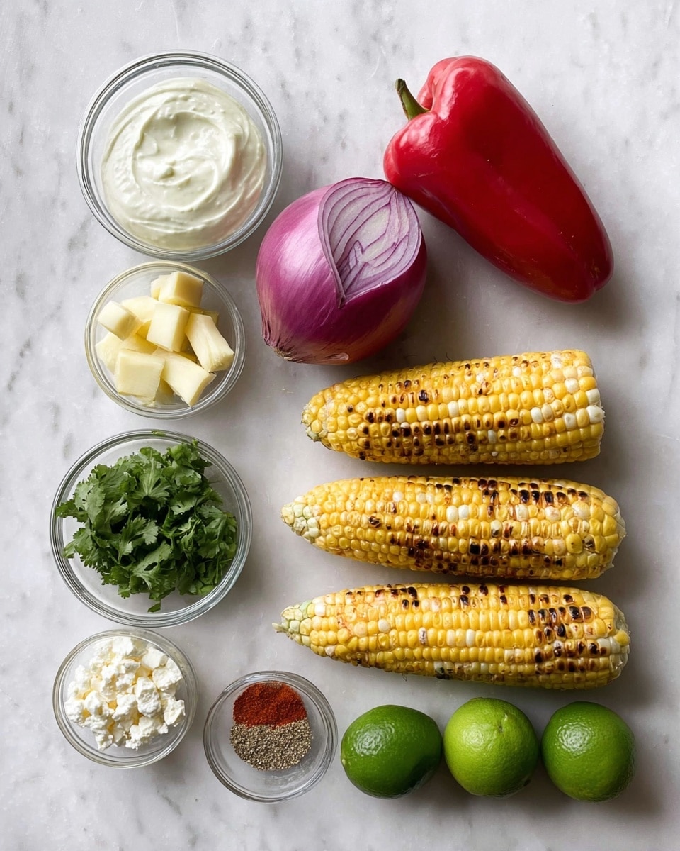 The image shows fresh ingredients laid out on a white marbled surface. There are four pieces of grilled corn with charred yellow and brown kernels arranged in two vertical pairs on the right side. Next to the corn is a whole red bell pepper and a halved red onion with purple and white rings visible. A single green jalapeño pepper is next to the onion. On the left side of the image, there are several small clear glass bowls: one filled with white cream, a smaller one with light yellow mayonnaise, one with chopped green cilantro leaves, and one with crumbly white cheese. Two whole green limes are placed near these bowls, along with a small bowl holding mixed spices including white, brown, and red powders. The photo taken with an iphone --ar 4:5 --v 7