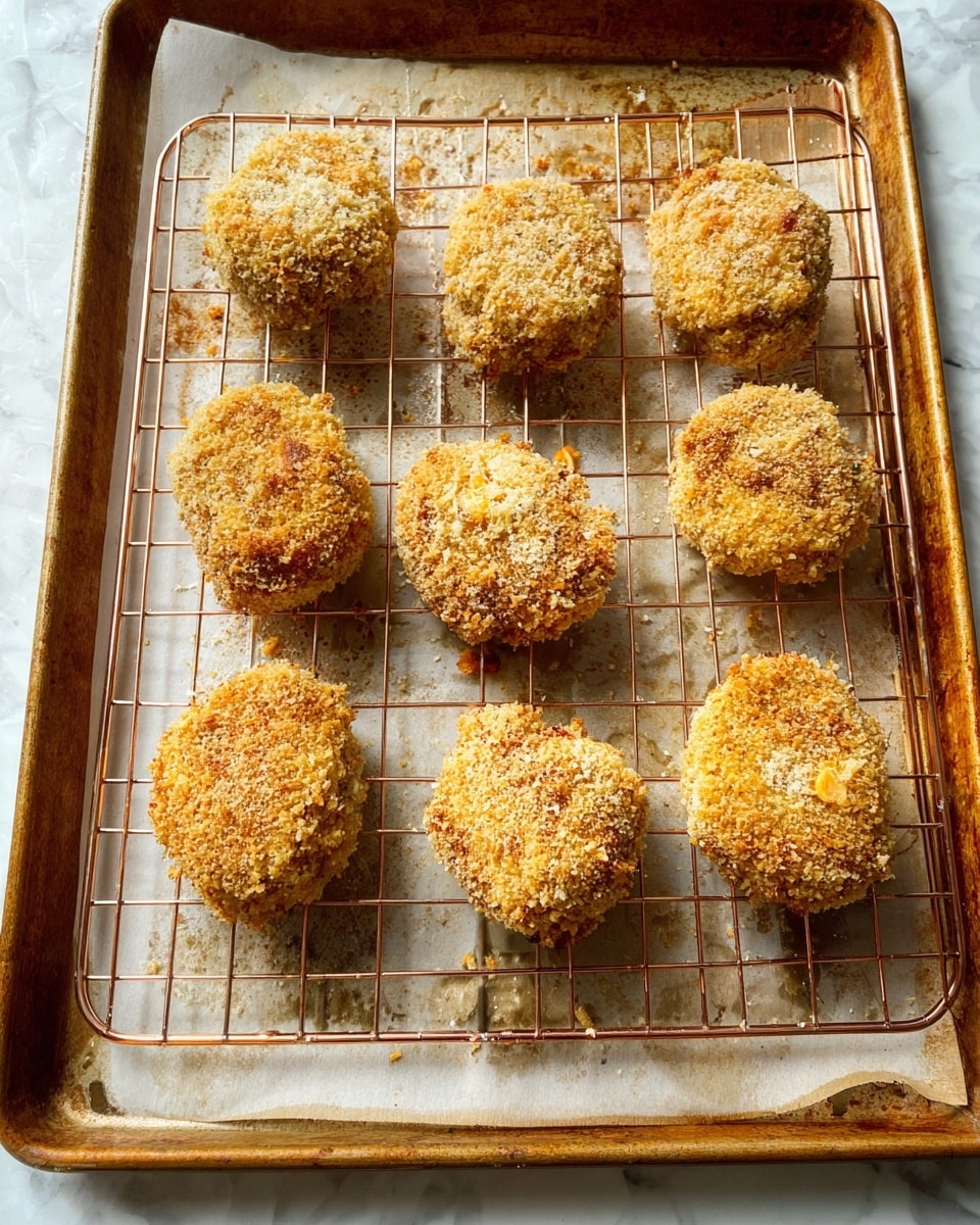 Nine golden brown patties covered in a rough breadcrumb coating sit on a copper wire rack, which is placed over parchment paper on a baking tray. Each patty is slightly irregular in shape, with a crunchy, textured surface showing bits of white and light orange mixed inside. The baking tray has browned spots from cooking, and the whole setup rests on a white marbled surface. photo taken with an iphone --ar 4:5 --v 7