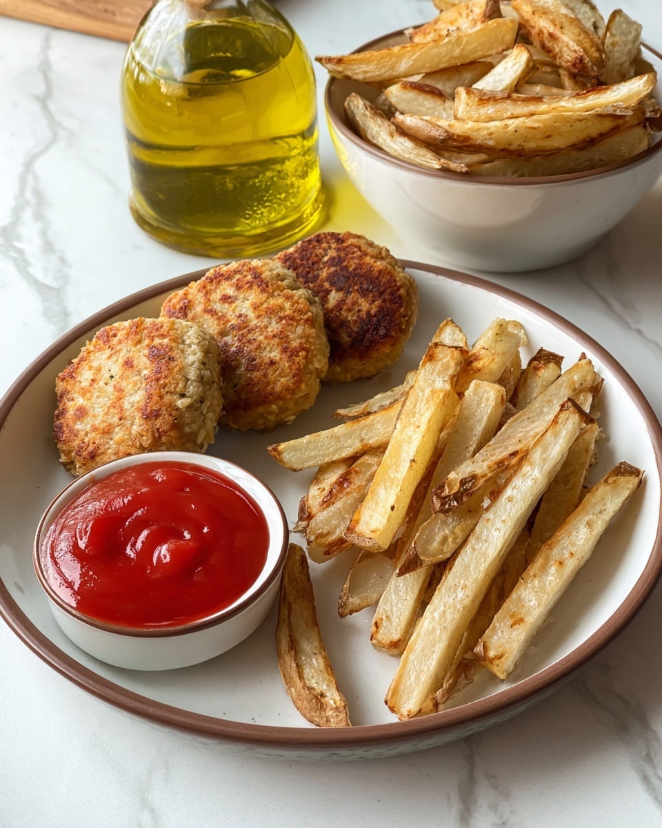 The image shows a close-up of a woman's hand holding a golden-brown breaded nugget dipped halfway in red ketchup. Below the hand is a white plate filled with five more breaded nuggets arranged around a small white bowl filled with thick red ketchup. Behind the plate, there is a bowl filled with golden brown fries, and next to it, a smaller white bowl with pickle slices. On the left side, there is a clear bottle filled with yellow oil, set against a white marbled surface. The overall scene is bright and clean. photo taken with an iphone --ar 4:5 --v 7