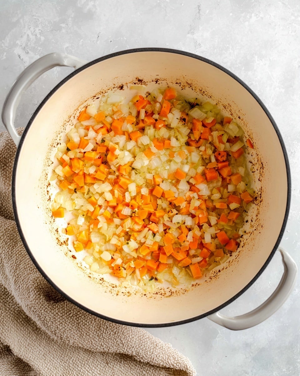 A white pot with black edges holds a mix of small diced onions and carrots, both lightly cooked and softened. The onions are a translucent pale yellow, while the carrots are a bright orange with a soft texture. The vegetables cover the bottom in an uneven layer, and there are some browned spots on the pot sides where food has cooked onto the surface. The pot sits on a white marbled surface, next to a beige textured cloth. photo taken with an iphone --ar 4:5 --v 7