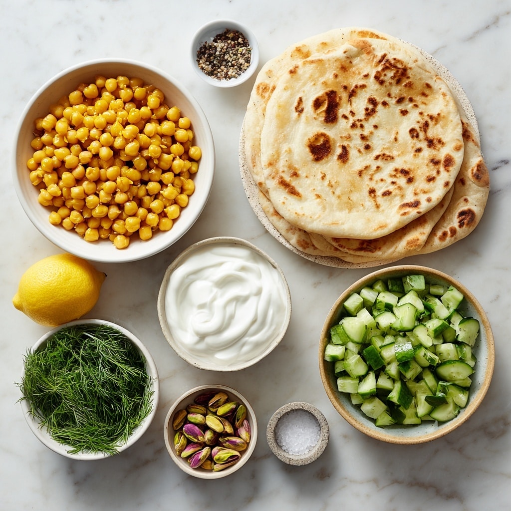 A white bowl filled with bright yellow chickpeas is placed in the top left. To the right, a round naan flatbread with light golden spots lies on a white marbled surface. Below the chickpeas, a small white bowl holds smooth white plant-based yogurt. Next to it on the left is a small dish filled with fresh green dill. Between these two dishes is a whole yellow lemon. On the right side just below the naan is a white bowl filled with green cubed cucumber. Below this bowl, there is a small white bowl with grated cucumber, showing a moist, textured green paste. At the bottom left is a dish of green and purple pistachios. Finally, in the bottom right corner, there is a small bowl with a mix of salt and black pepper. Everything rests on a white marbled surface photo taken with an iphone --ar 4:5 --v 7