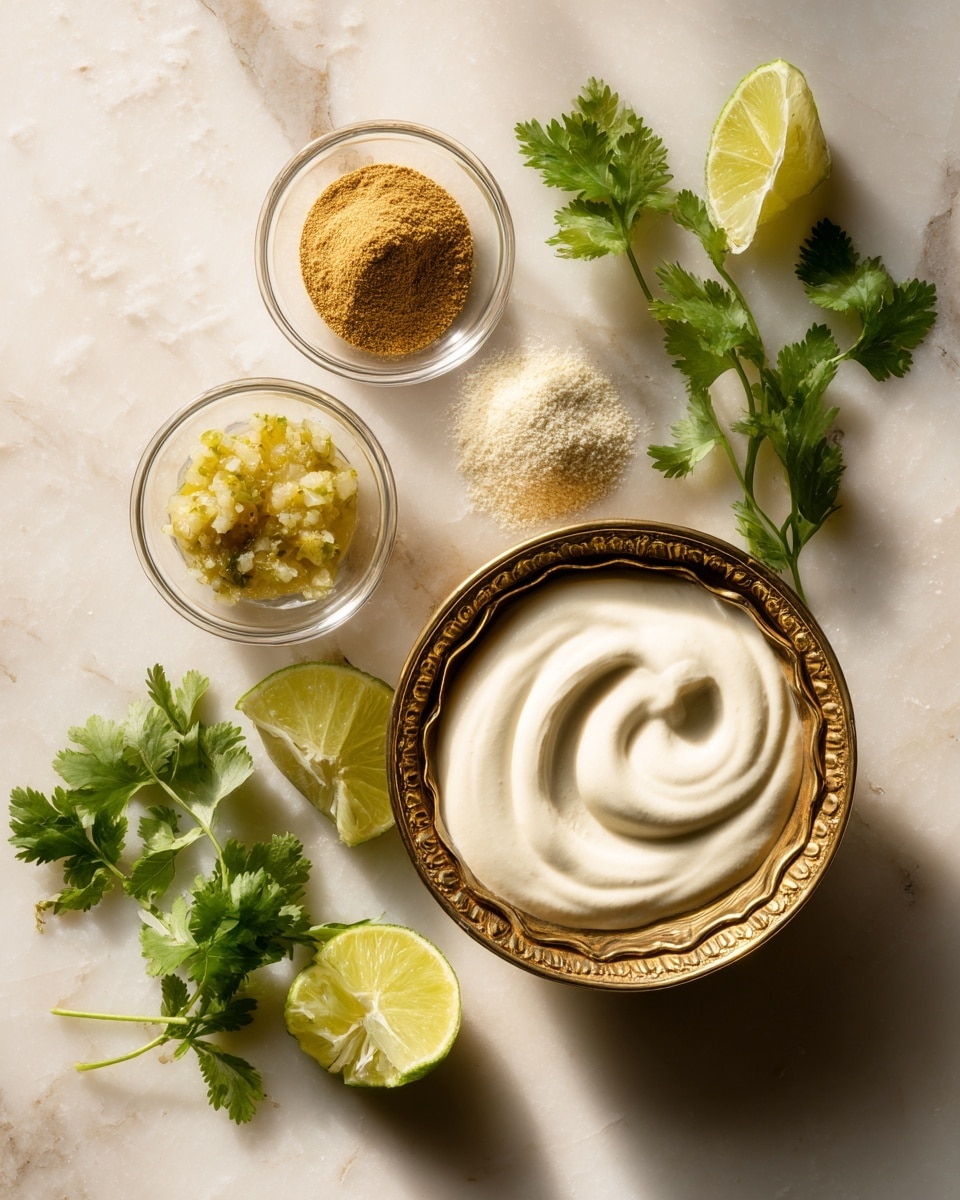 The image shows a white bowl filled with several layers of ingredients that include a base layer of creamy white yogurt or sour cream, with a middle layer of bright green chopped herbs resting on the bottom edge. A lighter beige powder and a small amount of olive green sauce or oil sit on top of the white base, slightly mixed but mostly separate. A woman's hand holds a silver spoon dipping into the bowl, gently stirring the layers. Around the bowl are wedges of fresh lime sitting on a white marbled surface. The photo was taken with an iphone --ar 4:5 --v 7