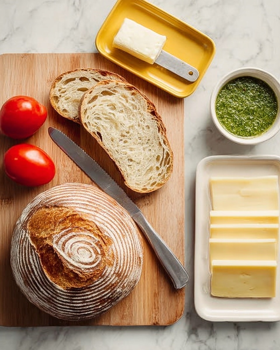 The image shows two open sandwich halves on a baking tray lined with parchment paper, placed on a white marbled surface. One slice is fully covered with a thick bright green pesto spread, having a textured look with bits of herbs. The other slice has two smooth white cheese slices topped with three red tomato slices, each showing seeds and juice inside, arranged in a row. Nearby, there is a small white bowl of pesto with a spoon inside, a stick of butter with a butter knife, a wooden board holding several more tomato slices, and a few plain bread slices. Photo taken with an iphone --ar 4:5 --v 7