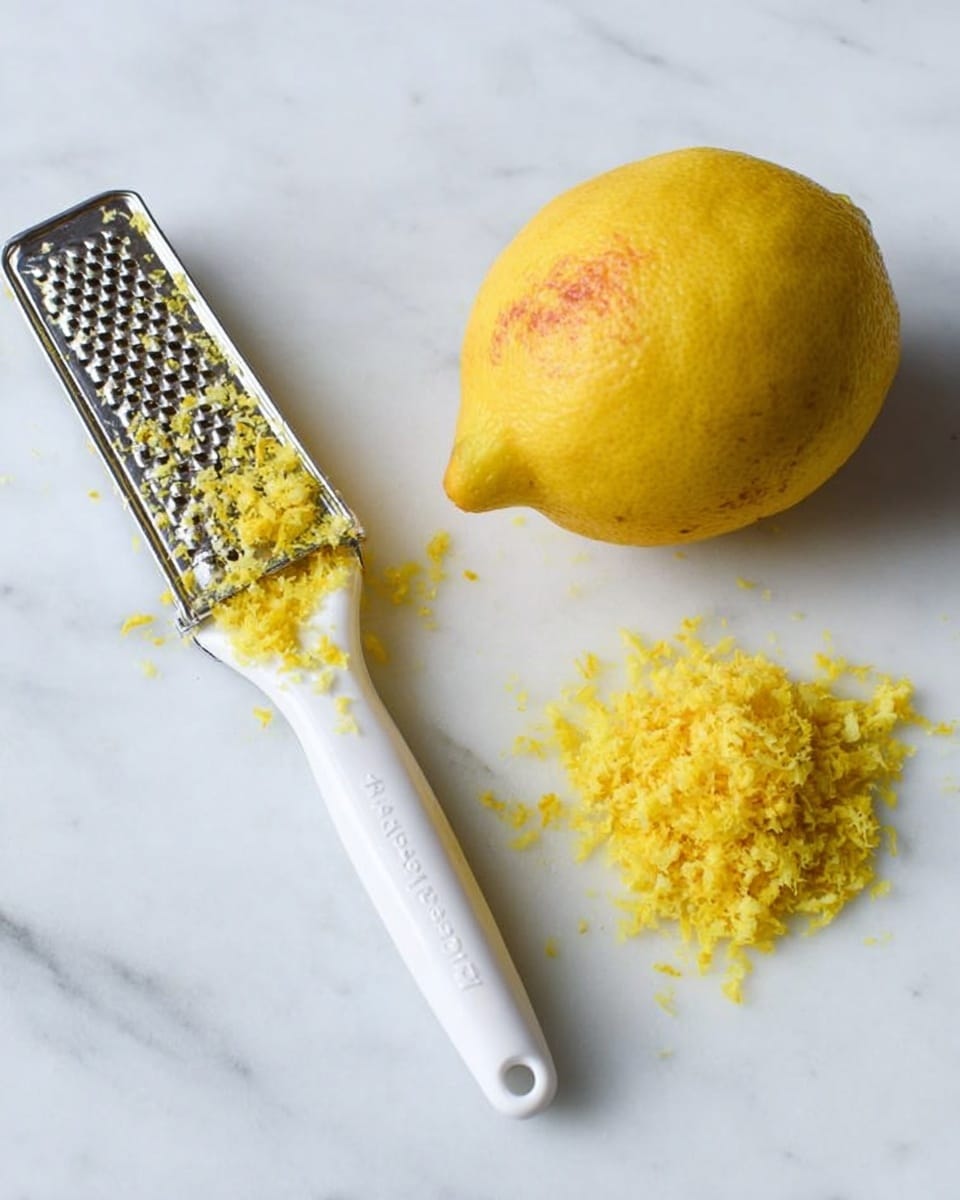 A white marbled surface with a whole lemon placed on the right side, showing a bright yellow color with slight orange spots. Next to the lemon, there is a small pile of finely grated lemon zest in a vivid yellow color. On the left side, a white Microplane grater with some yellow zest clinging to the metal area lies diagonally across the surface. The setup is clean and simple, highlighting the textures of the lemon, zest, and grater. Photo taken with an iphone --ar 4:5 --v 7