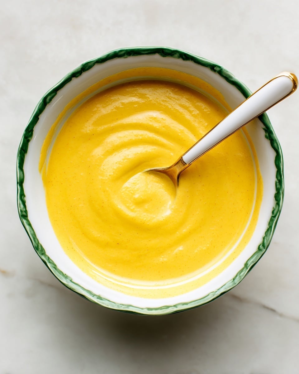 A close-up view of a white bowl with a green rim filled with a smooth, creamy sauce that is bright yellow-orange in color. A white and gold spoon is placed inside the bowl, partially stirring the sauce, creating slight ripples on the surface. The bowl sits on a white marbled surface that adds a clean and fresh background to the image. photo taken with an iphone --ar 4:5 --v 7