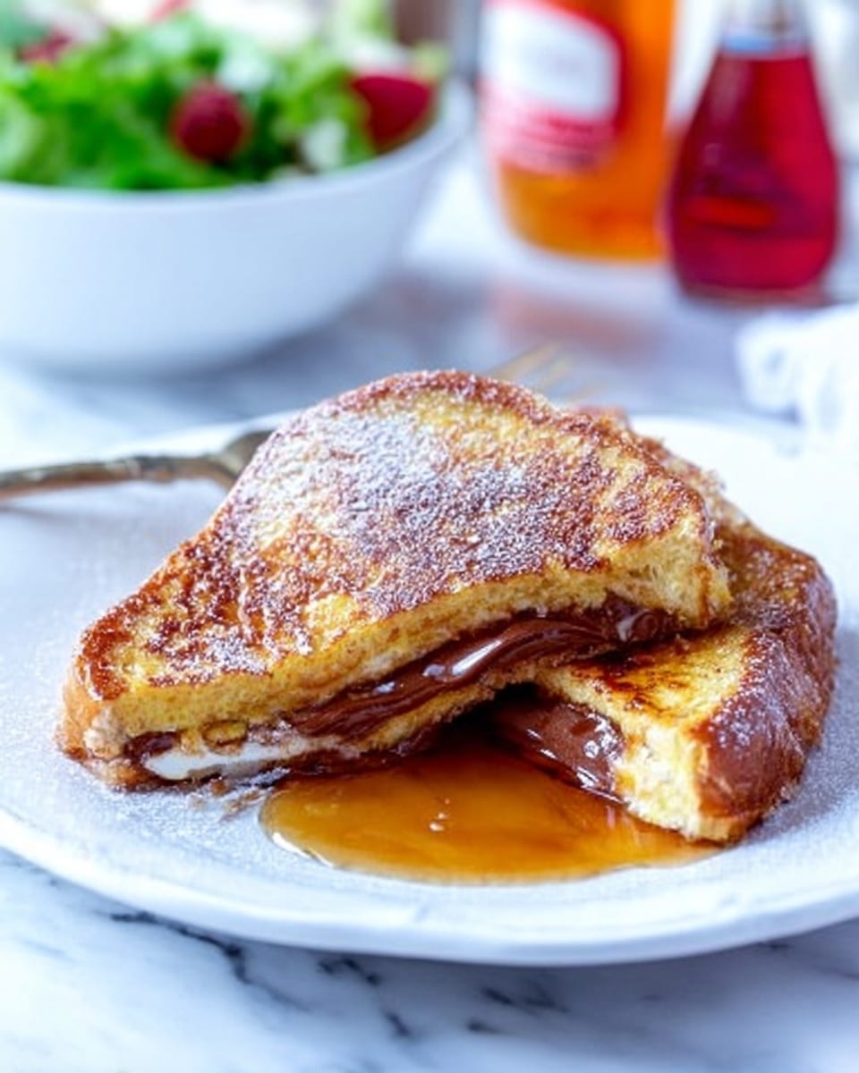A white plate holds two triangular sandwich halves, stacked slightly. The sandwich’s three layers show a toasted golden brown outer bread, a smooth, rich chocolate spread middle, and a light dusting of powdered sugar on top. Some caramel syrup glistens on the plate under the sandwich. In the background, a glass bottle filled with dark amber caramel syrup and a white label, a jar with a brown spread, and a few strawberries add depth. The whole setup is on a white marbled surface with a woven placemat underneath the plate. photo taken with an iphone --ar 4:5 --v 7