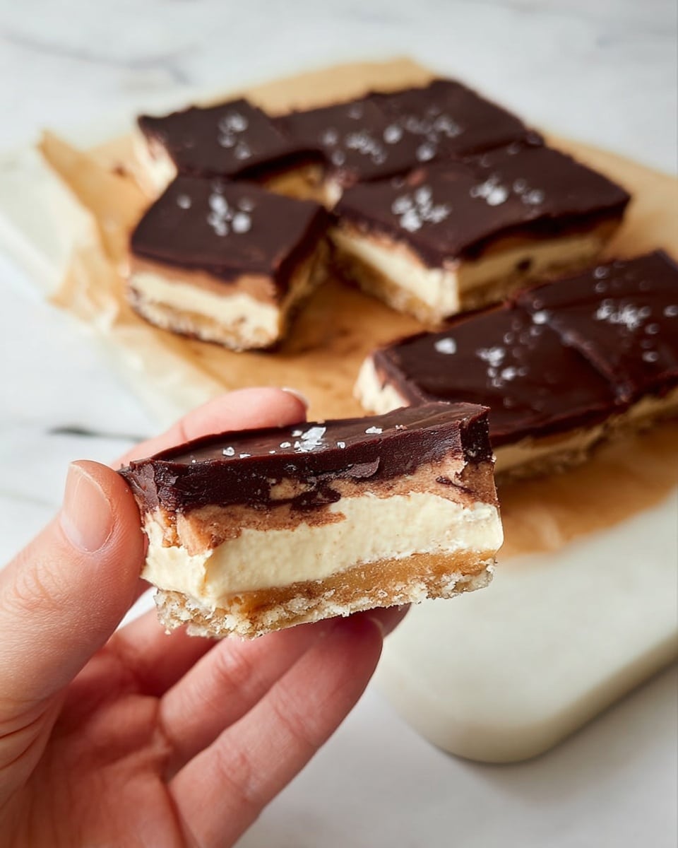 A woman's hand is holding a piece of a layered dessert bar that has three visible layers: a dark brown, smooth chocolate layer on top with small flakes of salt, a thick middle layer of creamy light beige, and a bottom layer that looks like a dense golden-brown crust. In the background, there is a white board with the rest of the dessert, cut into eight square pieces, showing the same layers under the chocolate topping. The whole scene is set on a white marbled surface photo taken with an iphone --ar 4:5 --v 7