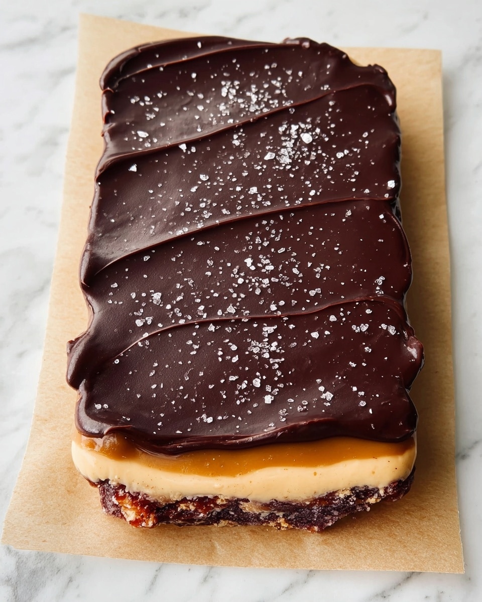 The dish is shown as a rectangular bar with three distinct layers on a piece of parchment paper over a white marbled surface. The bottom layer is chunky and textured with mixed dark brown and reddish bits. The middle layer is smooth, creamy, and light caramel in color, placed evenly over the bottom layer. The top layer is a thick, glossy dark chocolate spread that covers the whole bar, sprinkled with coarse sea salt flakes that add a bit of shine and texture to the surface. Photo taken with an iphone --ar 4:5 --v 7
