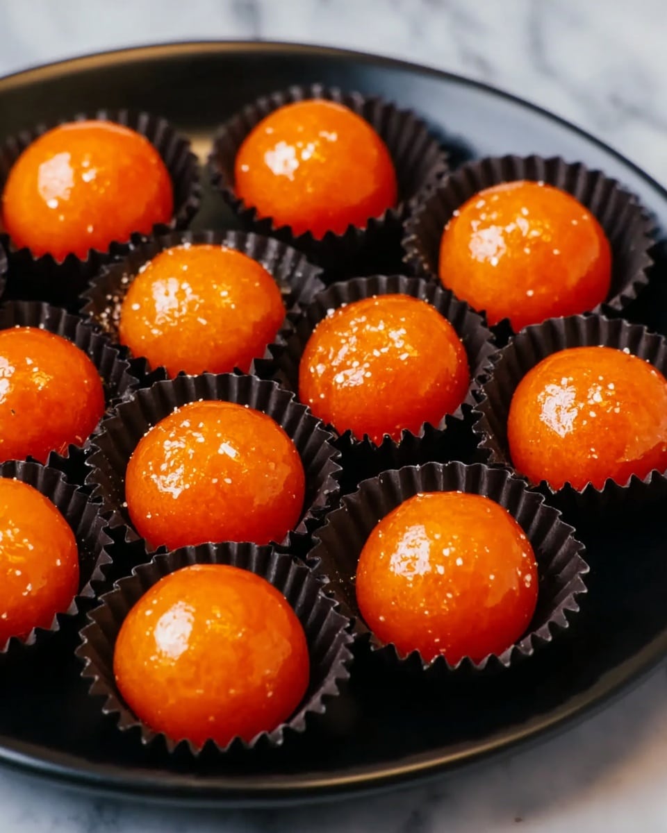A black round plate holds twelve small bright orange glossy spherical sweets, each placed in its own black fluted paper cup. The sweets have a shiny, smooth surface with small white spots or reflections on each one. They sit closely together, filling the plate evenly, and the background shows a white marbled texture. The lighting highlights the glossy texture of the sweets, making them look fresh and tempting. photo taken with an iphone --ar 4:5 --v 7