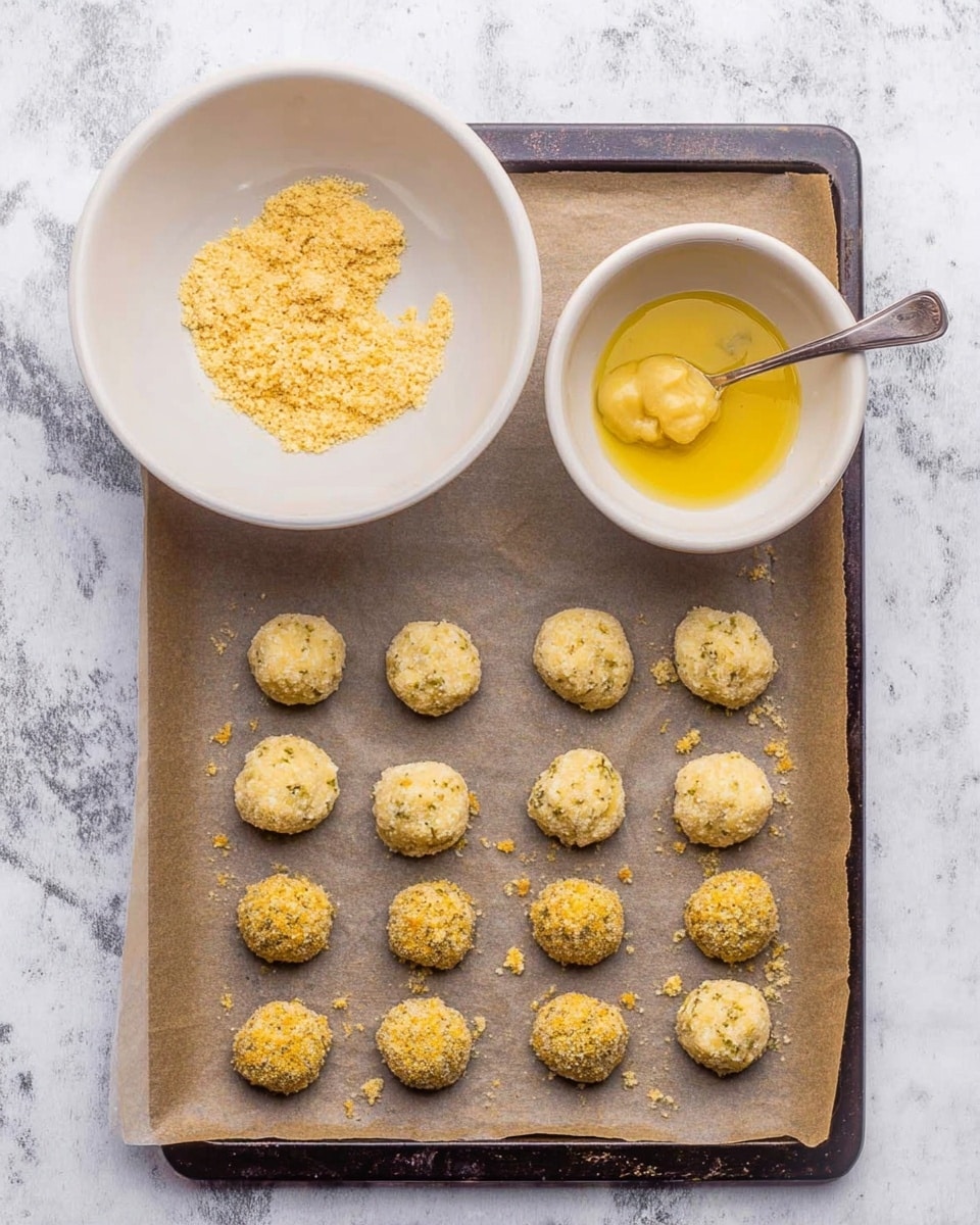 The image shows a baking tray with parchment paper holding three rows of small round pieces; the top row has pale yellow, soft textured pieces, the middle and bottom rows have similarly shaped pieces coated in a grainy, golden brown crumb layer with green flecks. Above the tray are two white bowls placed on a white marbled surface; the left bowl contains golden brown crumbs with one soft pale yellow piece partially dipped in, and the right bowl is filled with a yellow liquid mixed with a soft pale yellow piece and a spoon inside. photo taken with an iphone --ar 4:5 --v 7