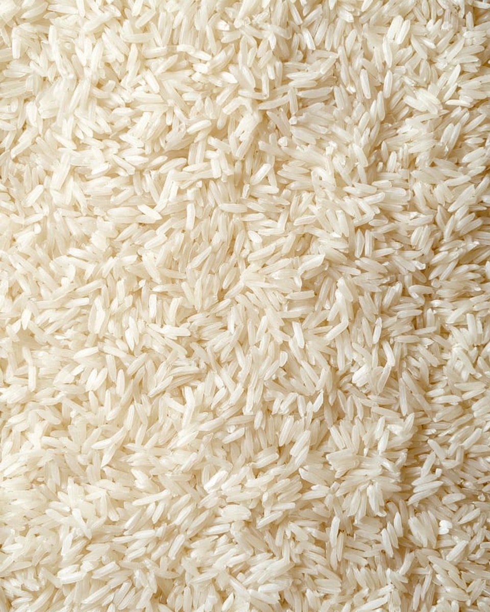 The image shows a close-up view of a large amount of uncooked white rice grains. The grains are long, thin, and slightly translucent, forming a textured surface with many overlapping individual pieces. The color is soft off-white with a few grains showing a slightly yellowish tint. The overall effect is a dense and natural spread of raw rice, filling the entire frame evenly with no visible container or background other than a white marbled texture. photo taken with an iphone --ar 4:5 --v 7