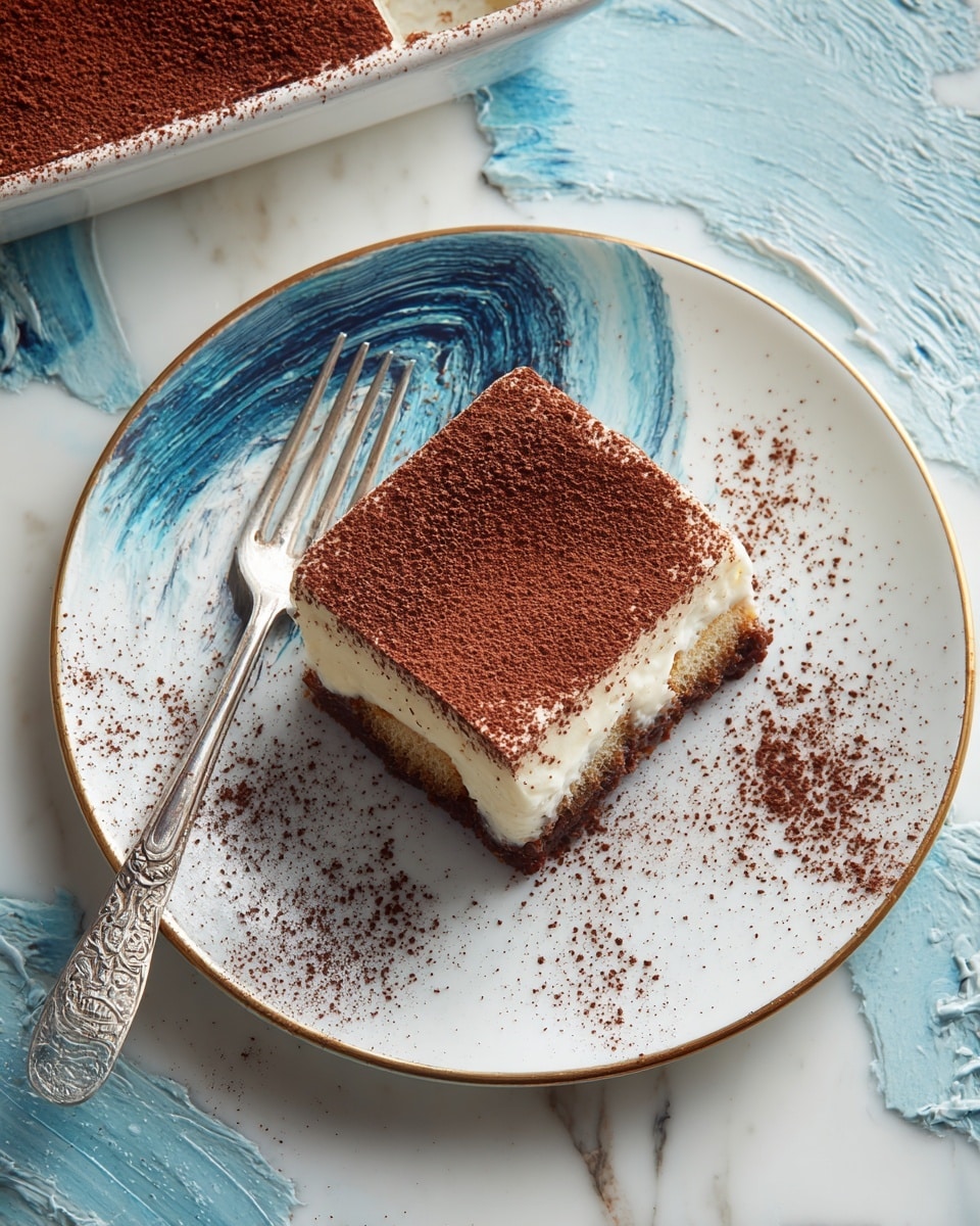 A square piece of layered dessert sits in the center of a white plate with blue paint-like swirls and a thin gold rim. The dessert has a thick dark brown powder layer on top, below which there is a light creamy layer and a thin brown base, showing three distinct layers. Some dark brown powder is scattered lightly around the dessert on the plate. A silver fork with detailed patterns lies diagonally to the left of the dessert on the plate. The plate is placed on a white marbled surface, with part of a rectangular dish of the same dessert visible at the top edge of the image. Photo taken with an iphone --ar 4:5 --v 7