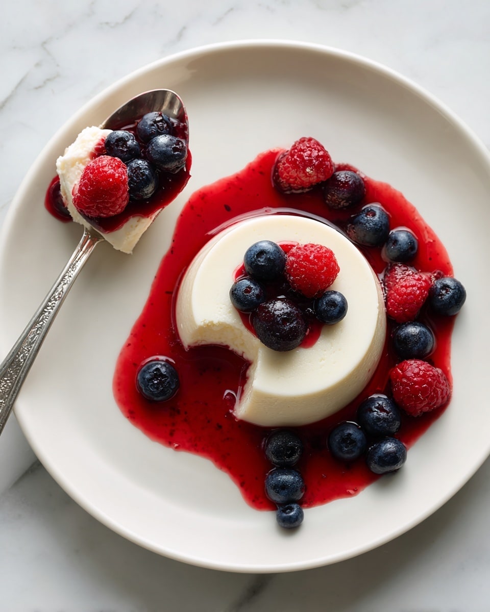 On a white plate with soft edges there is a circular creamy white panna cotta with a bite taken out of the top left. It sits on a pool of bright red raspberry sauce that spreads out in an uneven circle below it. Scattered on and around the panna cotta are fresh blueberries and raspberries, adding dark blue and vibrant red colors on top of the white and red. To the left of the plate, a silver spoon holds a small piece of panna cotta topped with red sauce and a single raspberry and blueberry. The whole scene is set on a white marbled surface. photo taken with an iphone --ar 4:5 --v 7