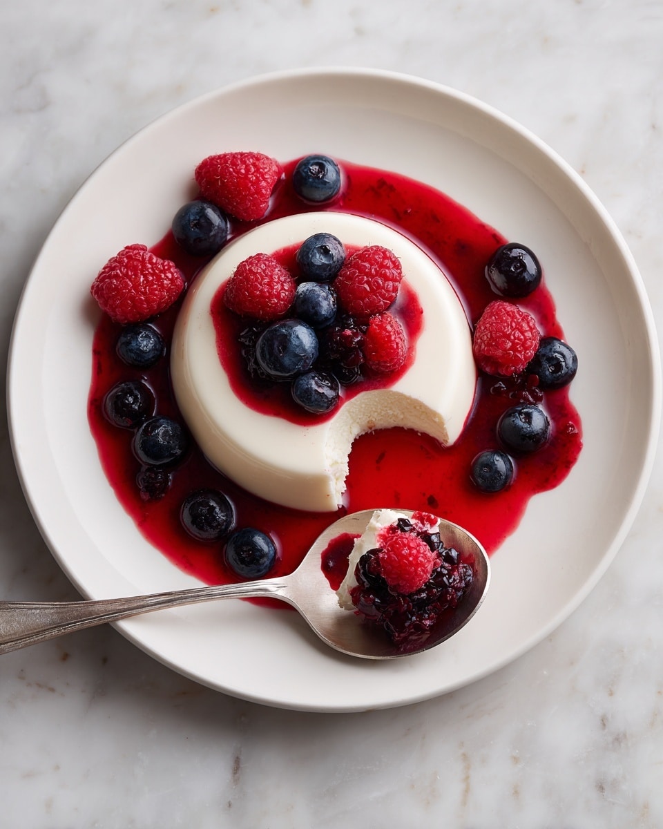 A smooth, round white panna cotta sits in the center of a white plate, surrounded by a vibrant red berry sauce that spreads unevenly around it. Fresh blueberries and raspberries are scattered both on top of the panna cotta and around it on the sauce, adding bursts of blue and red. The panna cotta has a small bite taken out of its side, revealing its creamy texture. Below the plate, a silver spoon on the white marbled surface holds a small scoop of panna cotta topped with a raspberry, blueberry, and a dollop of red sauce. Photo taken with an iphone --ar 4:5 --v 7