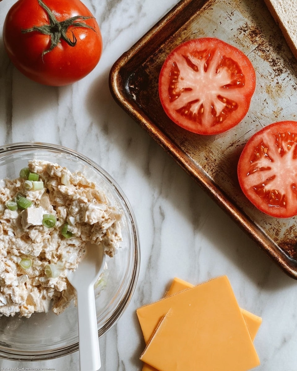 A halved red tomato sits in the front filled with a creamy white mixture containing small green pieces and light brown chunks, giving a textured, chunky look. Behind it, another tomato half is covered loosely with a single square slice of bright yellow cheddar cheese, slightly folding over the edges. Both tomato halves rest on a white marbled surface, with soft natural light highlighting the fresh, moist textures of the filling and cheese. Photo taken with an iphone --ar 4:5 --v 7