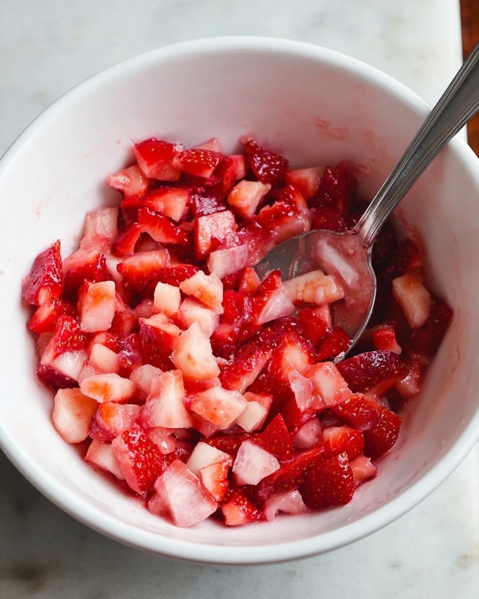 A close-up view of a white bowl filled with small, diced pieces of red and pink strawberries, mixed with some light pink chunks that look juicy and fresh. A silver spoon is resting inside the bowl on the right side, partially submerged in the fruit mix. The bowl is placed on a white marbled surface. The strawberries show a shiny, moist texture with some pieces slightly translucent. Photo taken with an iphone --ar 4:5 --v 7