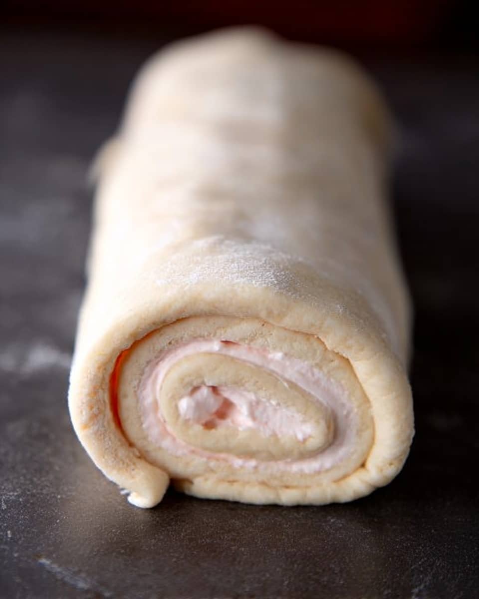 The image shows a rolled dough log placed horizontally on a dark surface. The dough is light beige and smooth with visible layers spiraled inwards, revealing a pale pink cream filling inside the center. The log is thick, with a clear view of at least three to four spiral layers of dough wrapping tightly around the creamy filling. The background is out of focus, emphasizing the dough roll in the front. photo taken with an iphone --ar 4:5 --v 7