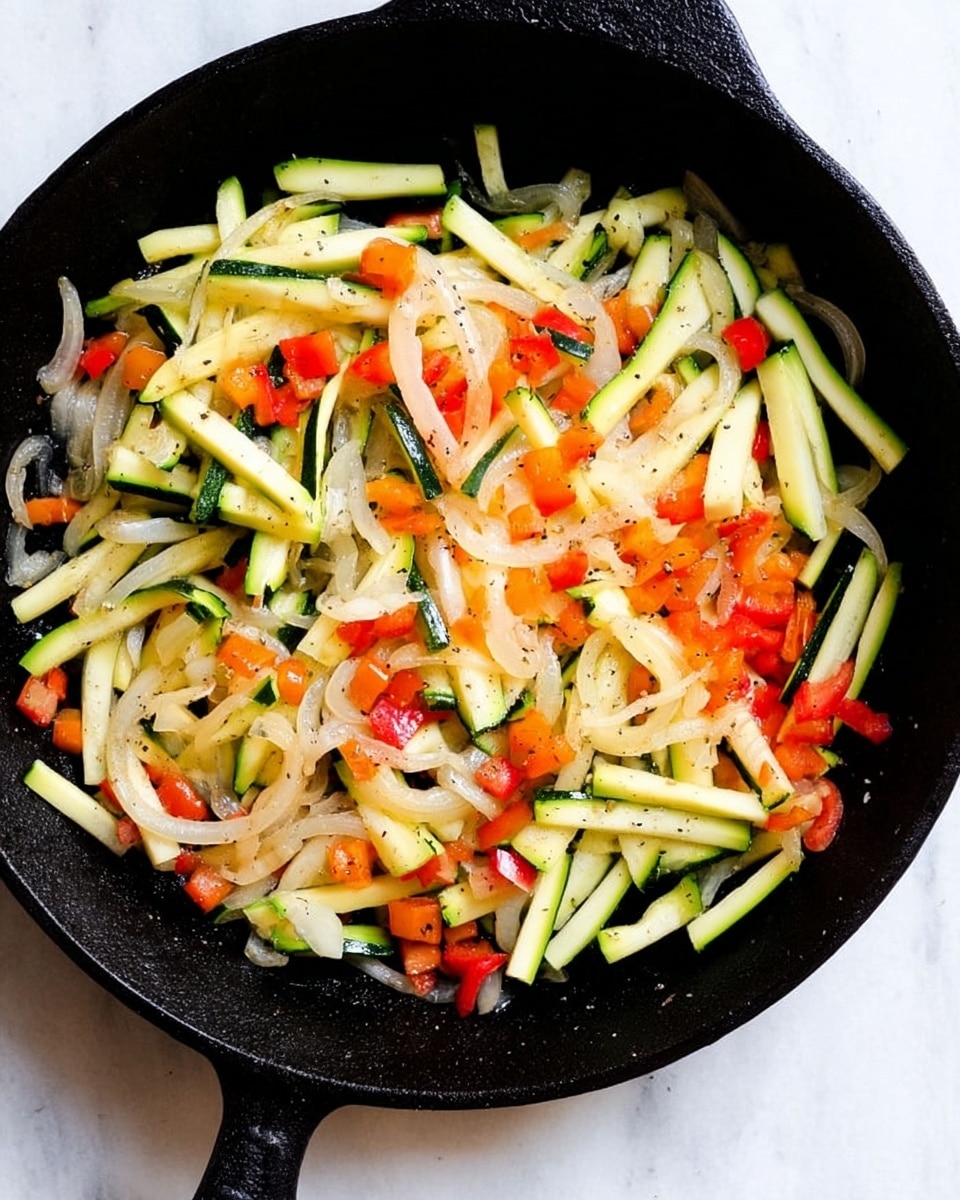 A black cast iron pan filled with cooked vegetables, including thin white and green strips of zucchini spread evenly across the pan, mixed with soft translucent rings of cooked onions and small bright orange-red diced bell peppers scattered throughout. The vegetables look slightly glossy from cooking and are lightly seasoned with specks of black pepper visible. The pan sits on a white marbled surface. photo taken with an iphone --ar 4:5 --v 7