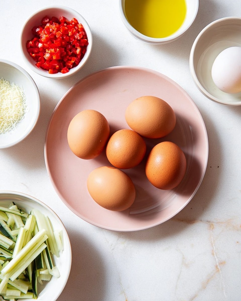 The image shows a round, light pink plate in the center with six whole brown eggs arranged in a loose cluster. Around the plate, on a white marbled surface, are four small bowls: the top left bowl is white and filled with small, bright red chopped pieces; above the plate, a small white bowl with yellow liquid, likely oil; to the right of the bowl with oil is a round white object with a slightly translucent look; below this, a small white bowl contains fine white shredded or grated pieces; and below the plate to the left, a white bowl with thin, pale green strips that have dark green edges, likely sliced vegetables. The layout is neat and well-spaced, with soft natural lighting. Photo taken with an iphone --ar 4:5 --v 7