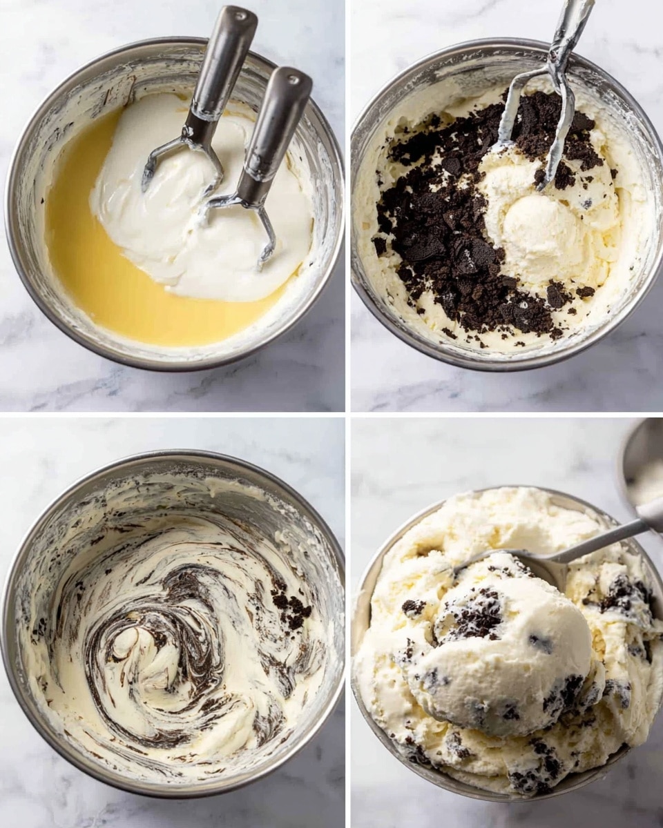 The image shows a top view of ingredients arranged neatly on a white marbled surface. On the left, there is a pile of dark chocolate sandwich cookies stacked in an overlapping way, showing the detailed cookie pattern on top. On the top right, there is a small white ceramic pitcher filled with creamy, light yellow sweetened condensed milk, with a clear label on it. Below that, to the center right, is a small white bowl filled with fine white sugar, also labeled. At the bottom left, there is a small white bowl holding dark amber-colored vanilla extract. At the bottom right, there is a clear glass measuring cup filled with smooth, white heavy cream, labeled clearly. The layout is clean and well-lit, with no other objects or distractions around. Photo taken with an iphone --ar 4:5 --v 7