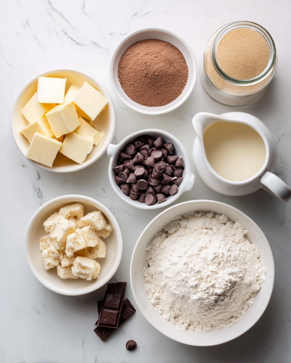 The image shows seven small white bowls and a jar arranged on a white marbled surface. One white bowl holds pale yellow butter cut into square chunks. Another white bowl contains dark brown light brown sugar, and beside it is a scoop filled with the same sugar. A round white bowl holds small, smooth, dark milk chocolate chips. A small white pitcher contains creamy, pale sweetened condensed milk. Another white bowl is filled with light brown toffee bits that have a crumbly texture. Finally, a larger white bowl contains white flour with a small measuring cup inside. A glass jar full of light brown sugar is also visible. Photo taken with an iphone --ar 4:5 --v 7