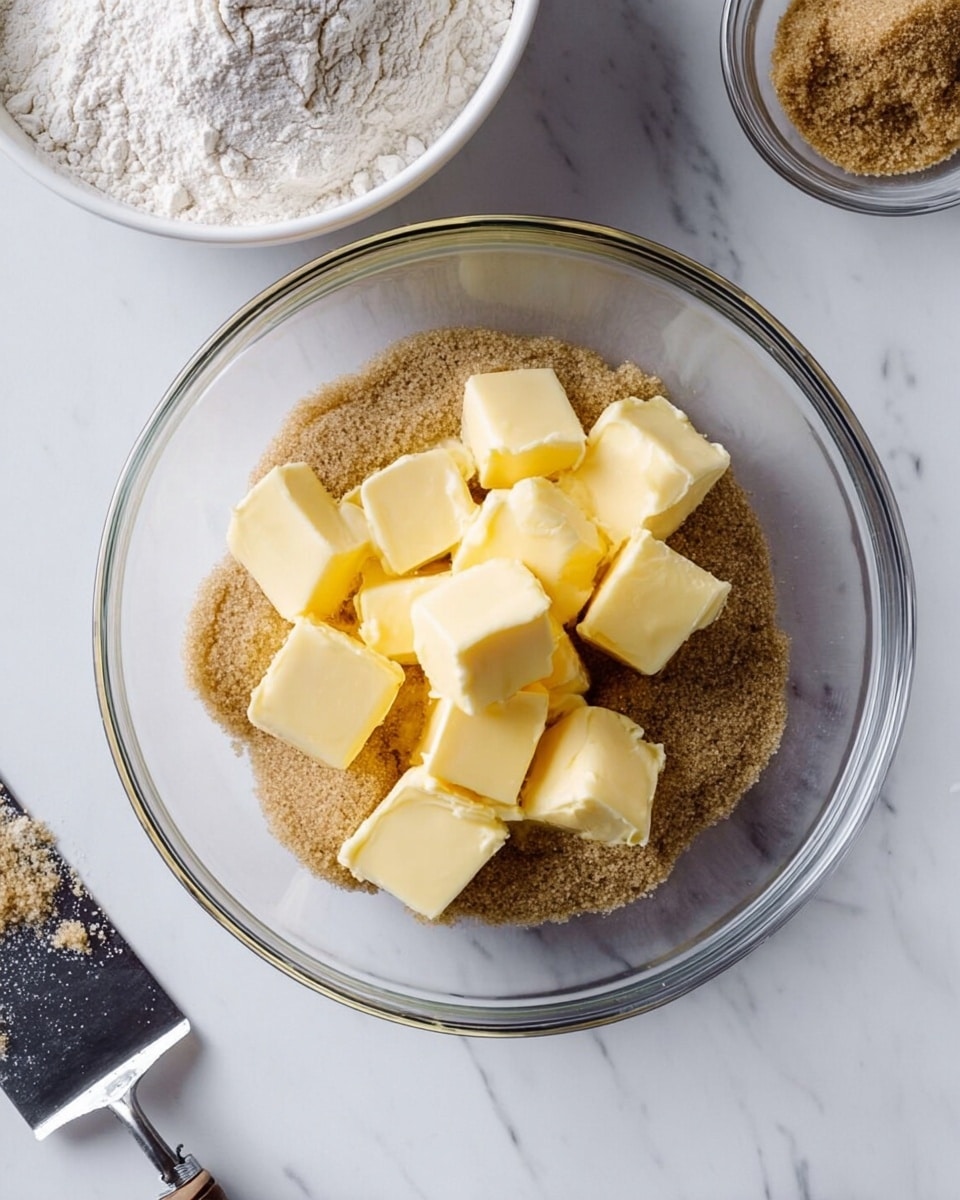 In the image, a clear glass bowl sits on a white marbled surface. Inside the bowl, there is a layer of light brown sugar that looks grainy and rough, covering the bottom and sides of the bowl. On top of this layer, there are nine yellow cubes of butter scattered evenly, each with smooth edges. To the bottom left of the glass bowl, there is a white bowl filled with white flour, with a metal dough scraper resting inside. In the top right corner, a small glass container holds more brown sugar. The setting is bright and simple, with no other objects in view. Photo taken with an iphone --ar 4:5 --v 7