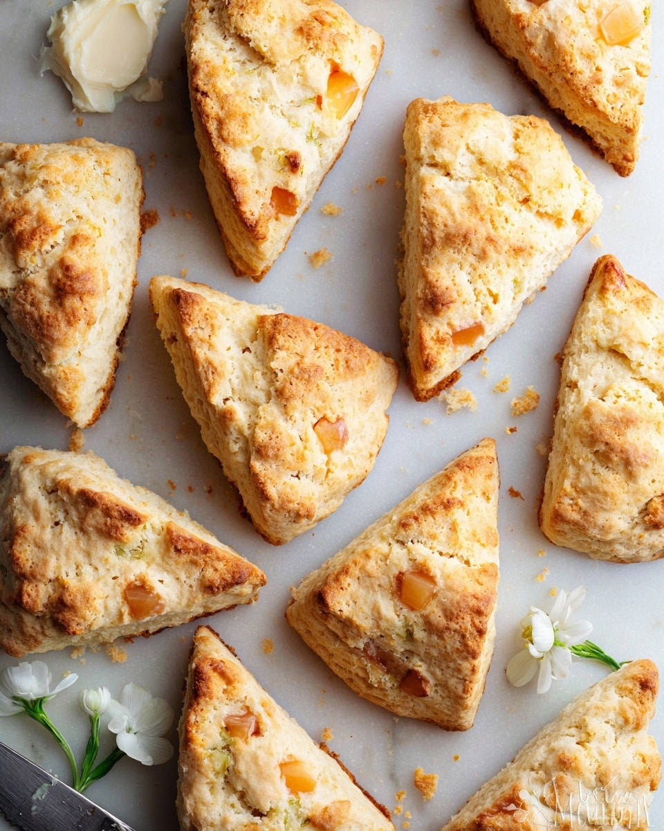 Several triangular scones with a light golden-brown crust are arranged closely on a white marbled surface. Each scone has a rough, crumbly texture with small bits of a lighter filling visible inside. The scones show slightly cracked tops with some darker golden patches where they are baked more. Scattered near the scones are a few small white flowers with yellow centers, and a smear of creamy butter is spread beside one scone with a small white butter knife resting near it. The lighting is soft and natural, highlighting the warm tones of the scones. photo taken with an iphone --ar 4:5 --v 7