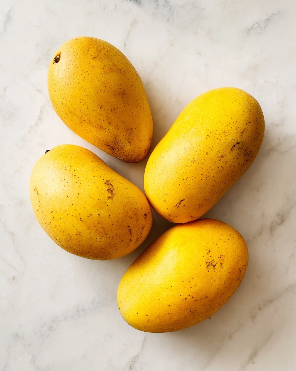 Four ripe mangoes with smooth yellow skins and small brown spots are placed on a white marbled surface. The mangoes have a soft oval shape with slight curves, and their bright yellow color stands out against the clean white background. The texture of the mango skin is slightly glossy with a few natural marks scattered over each fruit. The arrangement shows the mangoes close together but not touching, creating a simple and fresh look. photo taken with an iphone --ar 4:5 --v 7
