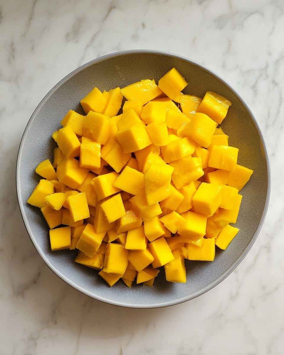 A gray bowl filled with many small cubes of bright yellow mango pieces fills the center of the image, placed on a white marbled surface. The mango cubes have smooth, shiny textures and look fresh and juicy, with different sizes but mostly small and neat. There are no other items or layers, just the mango cubes inside the gray bowl. photo taken with an iphone --ar 4:5 --v 7