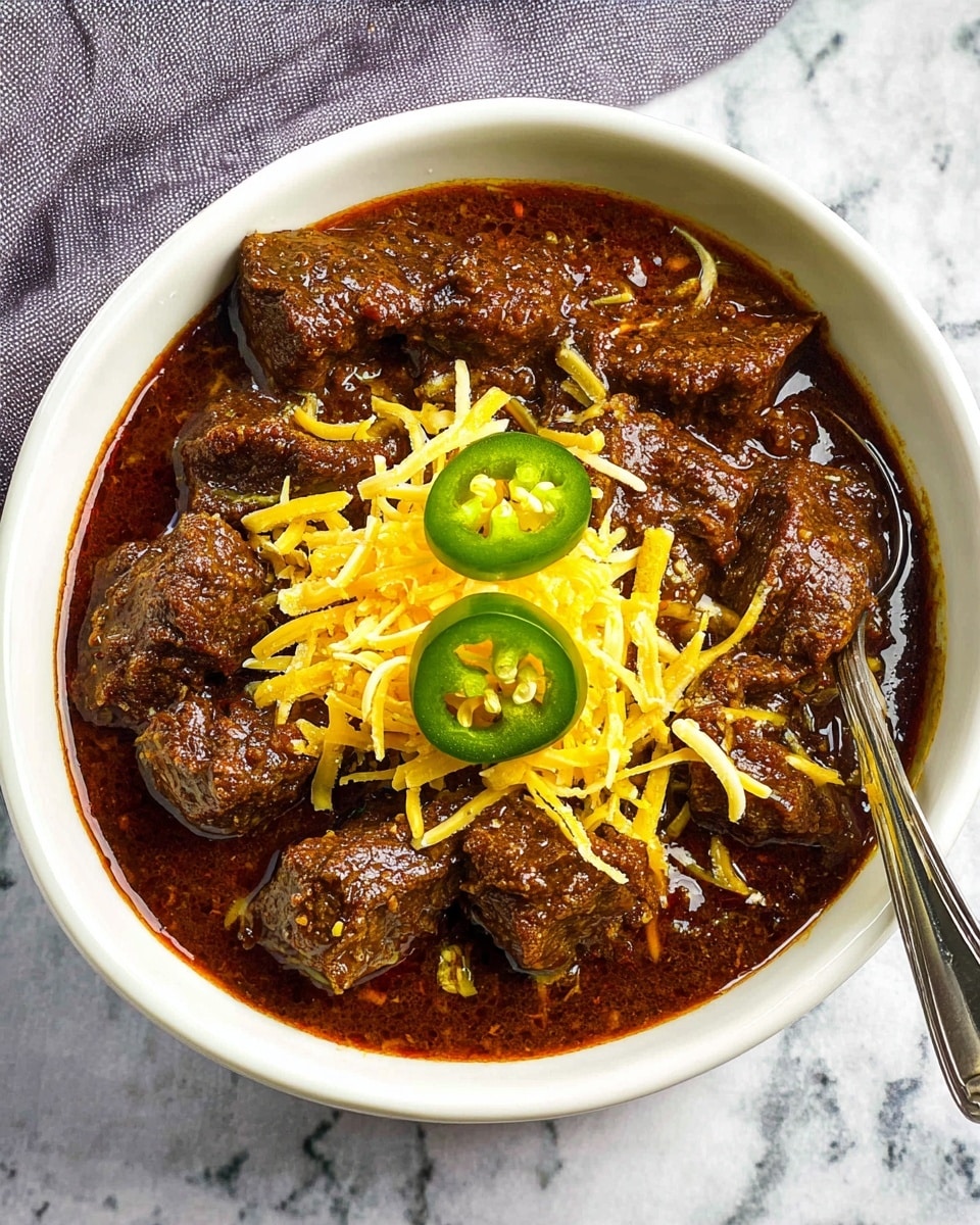 A white bowl filled with dark brown chunks of meat in a rich, thick sauce. The meat is topped with a small pile of bright yellow shredded cheese and three slices of green jalapeño pepper. A silver spoon rests inside the bowl on the left side. The bowl sits on a blue, textured surface with some red chili flakes scattered around. A light green cloth is softly draped behind the bowl. Two slices of jalapeño pepper lie on the surface to the right of the bowl. Photo taken with an iphone --ar 4:5 --v 7