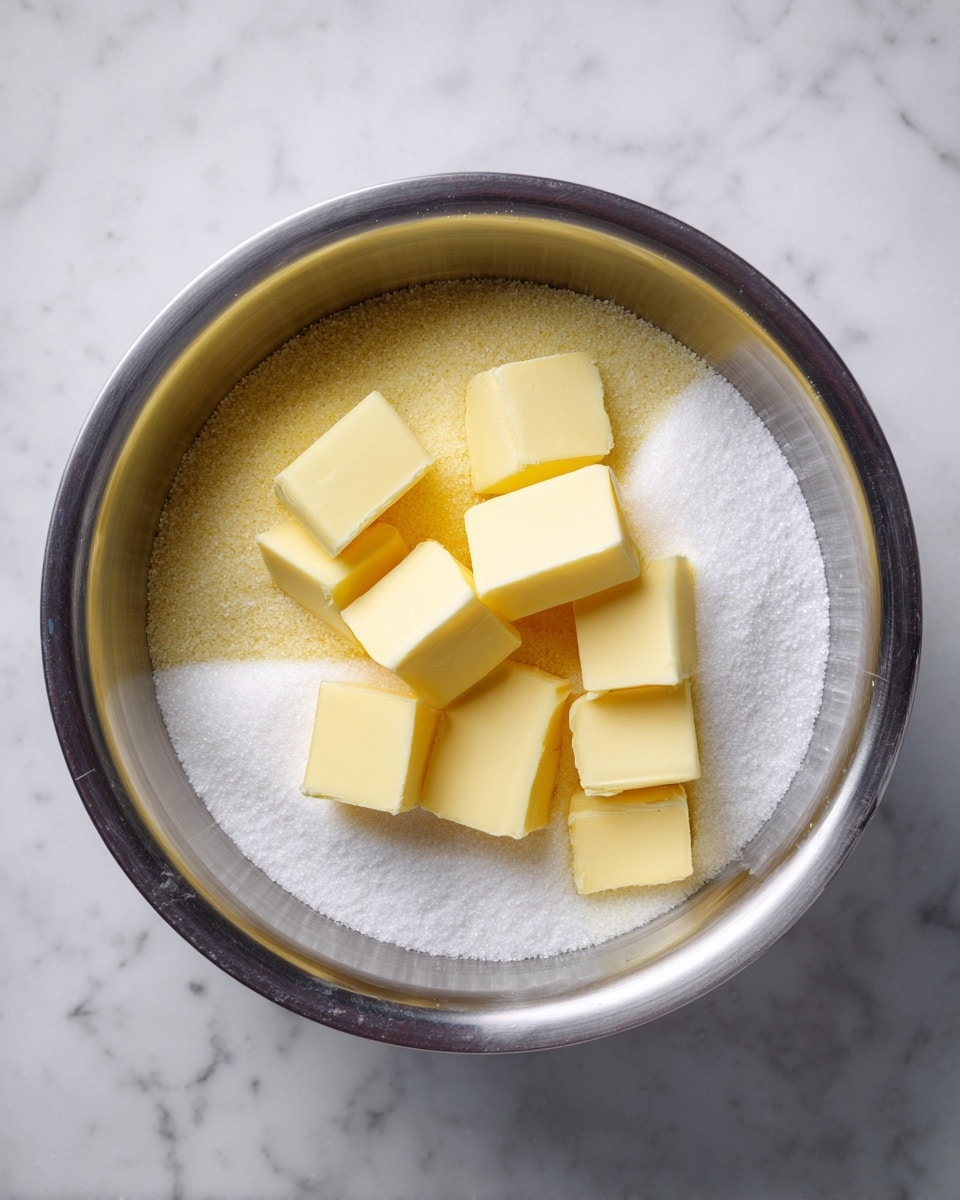 The image shows a metal mixing bowl placed on a white marbled surface. Inside the bowl, there is a layer of white granulated sugar at the bottom. On top of the sugar, there are several small cubes of yellow butter scattered unevenly. The butter pieces have a smooth texture with some sharp edges, contrasting with the granular sugar beneath. photo taken with an iphone --ar 4:5 --v 7