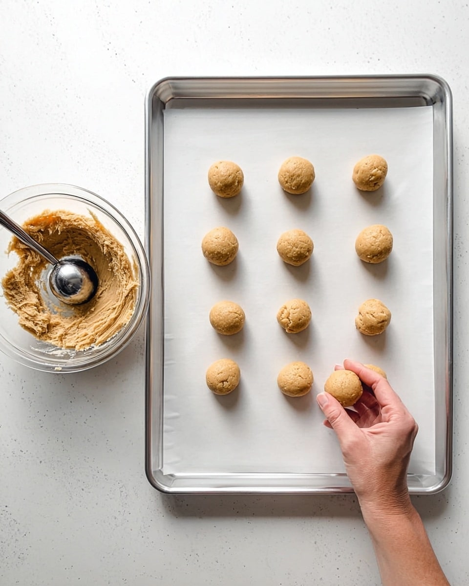The image shows a white baking tray lined with parchment paper on a white marbled surface. On the tray, there are twelve small balls of light brown dough placed in a 4 by 3 grid. On the left side, there is a clear glass bowl filled with more light brown dough and a silver ice cream scoop resting inside it. A woman's hand is placing one dough ball on the bottom right corner of the tray. The overall scene is bright and clean. photo taken with an iphone --ar 4:5 --v 7