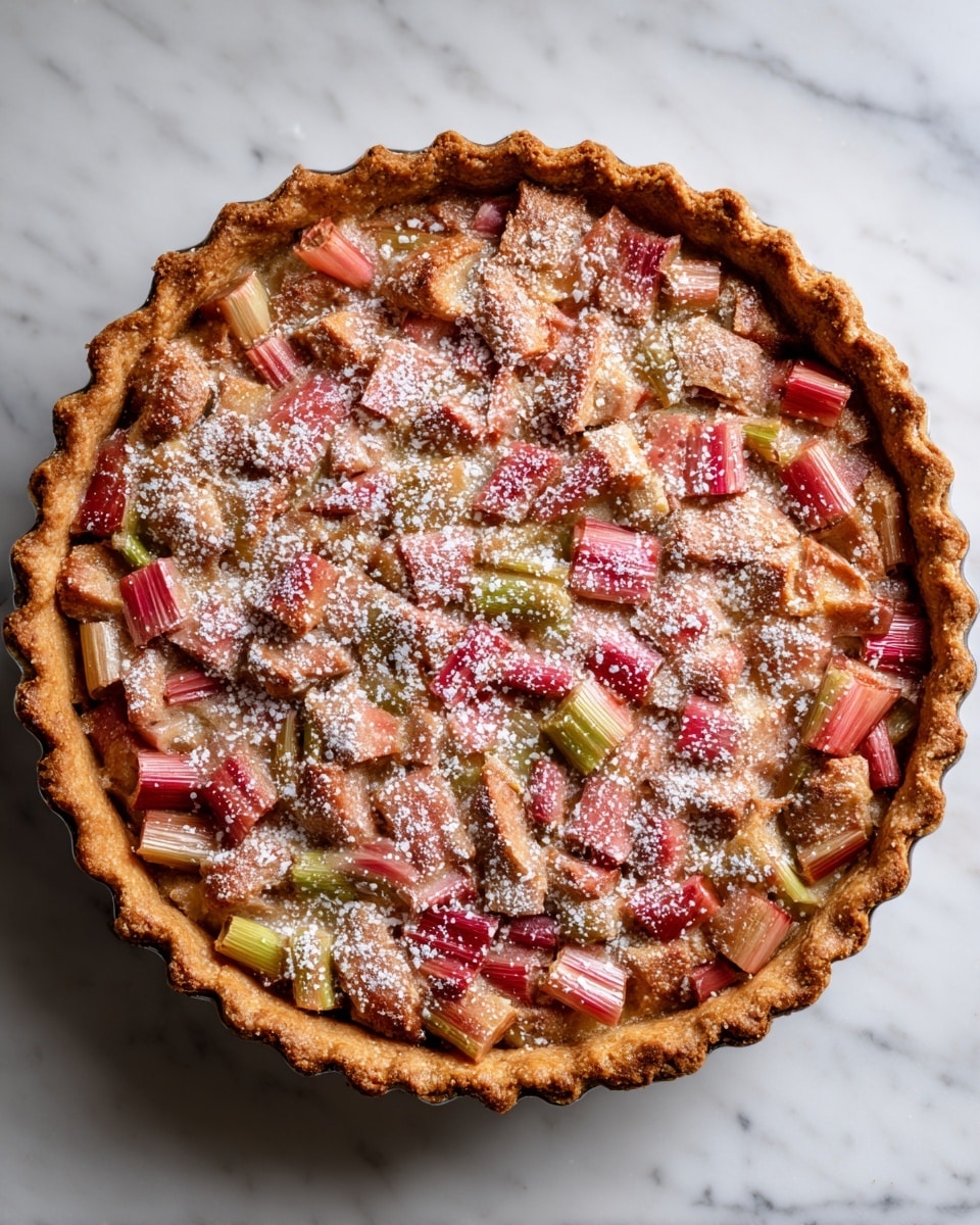 This image shows a round pie placed on a white marbled surface. The pie has a thick, golden-brown crust around the edges. Inside, the filling is made of many small pieces of rhubarb in shades of red and light green, evenly spread across the whole pie. A light dusting of powdered sugar covers the rhubarb pieces, giving them a slight white frosted look. The texture of the filling looks soft but with distinct rhubarb pieces visible, and the crust appears flaky and crisp. photo taken with an iphone --ar 4:5 --v 7