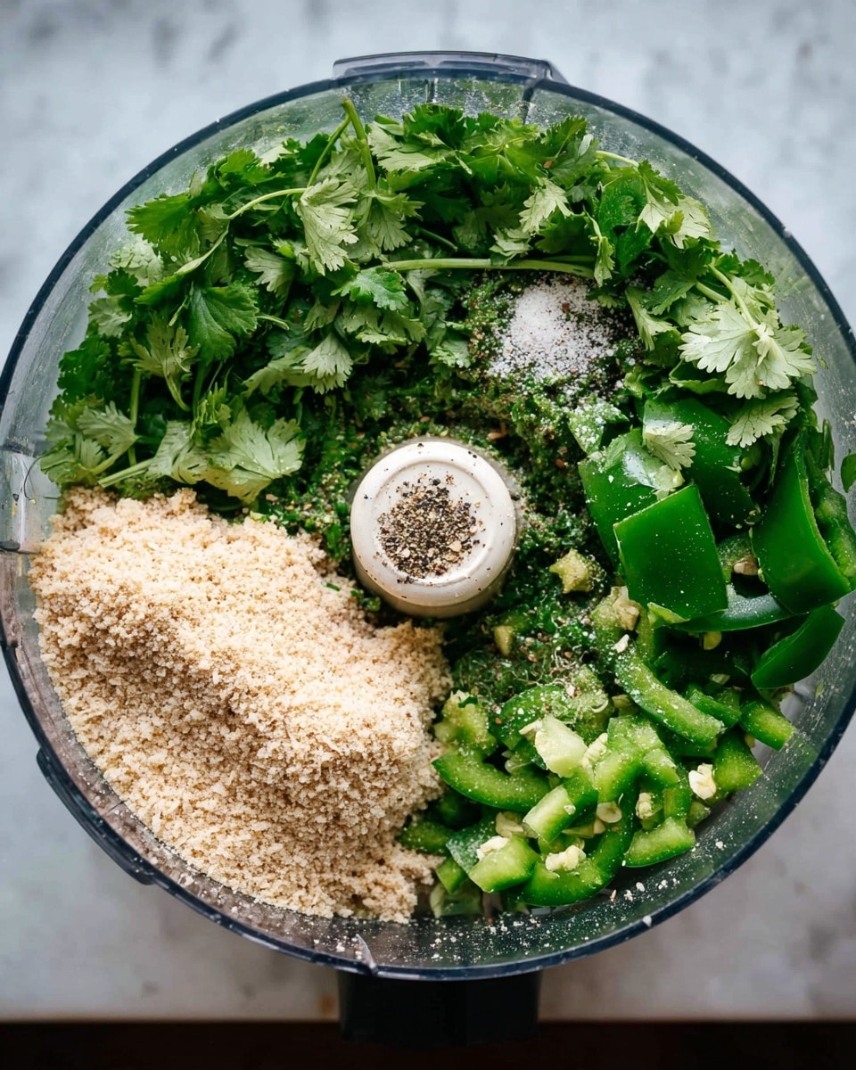 The image shows a clear food processor bowl filled with layers of ingredients. On one side, there is a mound of light beige crushed nuts or crumbs with a coarse texture. On top, a pile of fresh green cilantro leaves fills most of the bowl, with some chopped green peppers scattered on one side. A small sprinkle of white powder and black pepper is visible over the green leaves and peppers. The background is a white marbled surface. photo taken with an iphone --ar 4:5 --v 7