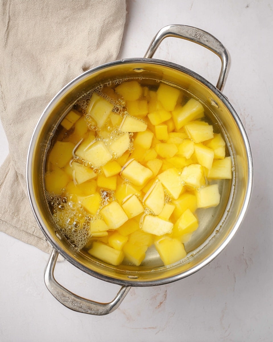 A shiny stainless steel pot is filled with water and diced yellow potatoes submerged in it. The potatoes are cut into small uneven chunks with a smooth texture and are floating throughout the clear water. The pot has two metal handles on each side. The pot is placed on a white marbled surface with a beige cloth partially visible at the top left corner. The water shows some small bubbles on the surface around the potatoes photo taken with an iphone --ar 4:5 --v 7