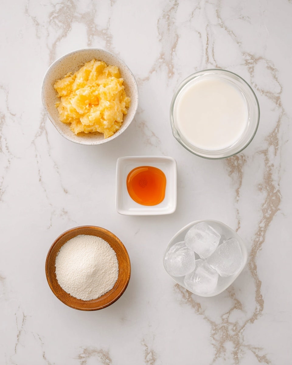 The image shows five ingredients arranged on a white marbled surface. At the top left, there is a small bowl with a yellow and soft, chunky substance. To its right, a clear glass filled with white milk is placed. Below them, in the center, there is a small square white dish holding a small amount of orange liquid. At the bottom left, a wooden bowl contains a fine, white powder. At the bottom right, a white bowl has clear ice cubes inside. photo taken with an iphone --ar 4:5 --v 7