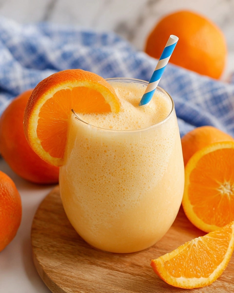 A clear glass is filled with a thick, frothy light orange smoothie that almost reaches the top, showing a bubbly texture on the surface. An orange slice with bright, juicy flesh rests on the rim of the glass on the right side. A blue and white striped paper straw stands inside the glass near the orange slice. The glass sits on a wooden board, surrounded by whole and sliced oranges, with a soft blue and white checkered cloth in the background on a white marbled surface. photo taken with an iphone --ar 4:5 --v 7