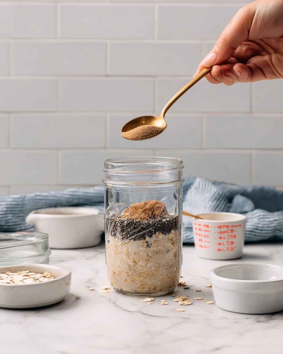The image shows a clear glass jar on a white marbled surface, filled with three visible layers: a bottom layer of pale beige oats, a middle layer of dark small seeds mixed in the oats, and a top layer of light brown powder being added from a golden spoon held by a woman's hand at the upper right. Around the jar are small white bowls and a white measuring cup with red text. In the background, a blue and white striped cloth and white tiled wall create a clean kitchen setting. photo taken with an iphone --ar 4:5 --v 7