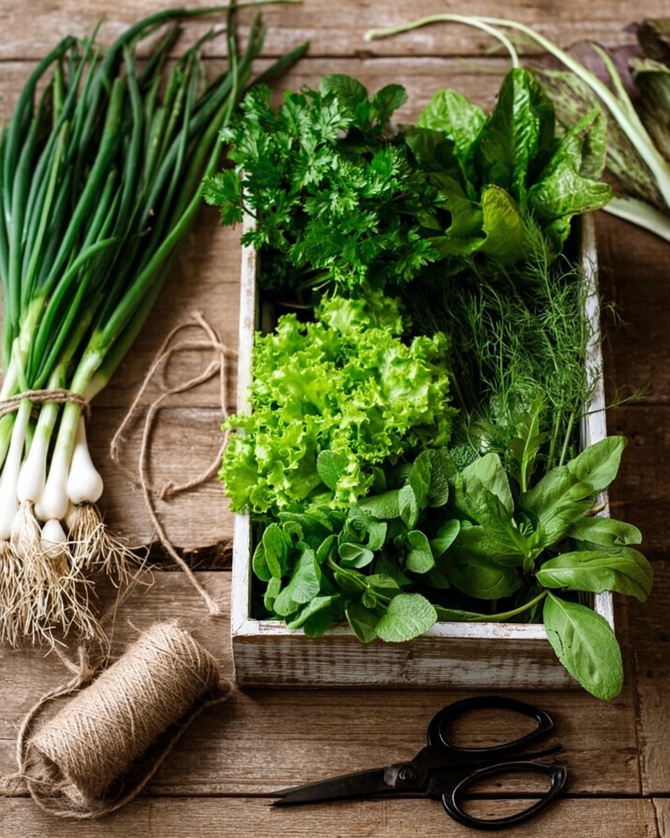 A white wooden box filled with fresh green leafy herbs and lettuce, showing different shapes and textures like curly and flat leaves, arranged closely together. To the left on a wooden surface are a bunch of green onions with white bulbs tied together with string, next to a roll of twine and a pair of black scissors. The overall look is natural and fresh, with various shades of green and vibrant leaves. The surface is wooden with a simple rustic feel. photo taken with an iphone --ar 4:5 --v 7
