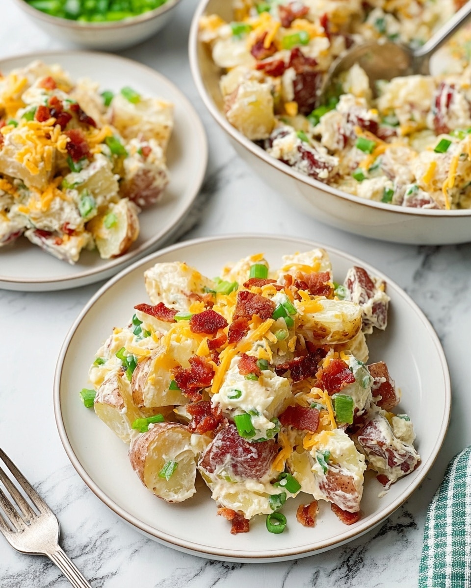 The dish shows a plate with broken pieces of red-skinned potatoes mixed with a creamy white sauce, green chopped scallions, small bits of crispy reddish-brown bacon, and finely shredded yellow cheese. The potato pieces have a rough texture and are layered unevenly with the sauce and toppings spread throughout. There is a bigger bowl in the background filled with the same mixed ingredients, with a metal spoon partly visible inside. The surface under the plates has a white marbled texture, and a white plate holds the serving in front. A woman’s hand and a fork rest near the plates. photo taken with an iphone --ar 4:5 --v 7