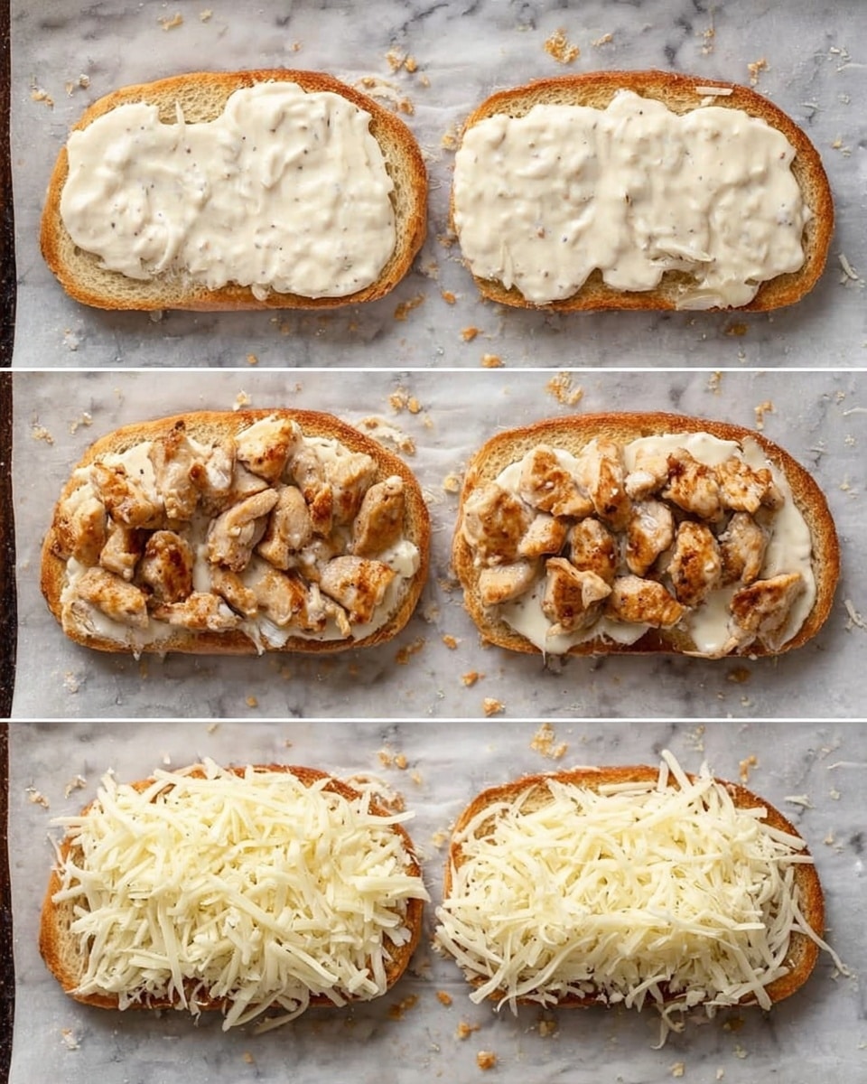 The image shows three stages of making an open-faced sandwich on parchment paper placed on a white marbled surface. Each stage has two slices of golden brown toasted bread as the base. In the first stage, each slice is covered evenly with a thick layer of creamy white sauce that is slightly spilling over the edges. In the second stage, small pieces of cooked, browned chicken are spread across the creamy white sauce on each slice, with each piece separated but covering most of the sauce. In the third stage, the chicken and sauce layers are topped with a generous, even layer of shredded white cheese that covers the bread fully and slightly spills over the edges. The texture of the bread is crunchy and the sauce looks smooth, while the chicken is slightly crispy, and the cheese appears soft and stringy. Photo taken with an iphone --ar 4:5 --v 7