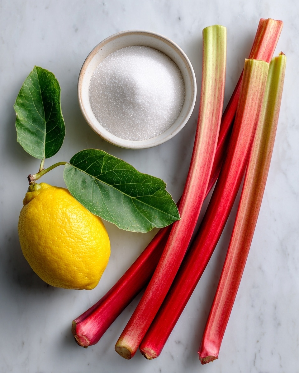 The image shows several long rhubarb stalks laid out horizontally at the top, bright red with light green ends. Below the rhubarb, there is a whole yellow lemon with a green leaf attached, placed to the left. To the right of the lemon, there is a white bowl full of fine white sugar, with the bowl showing a bit of its light brown edge. All items rest on a white marbled surface that gives a clean background. photo taken with an iphone --ar 4:5 --v 7