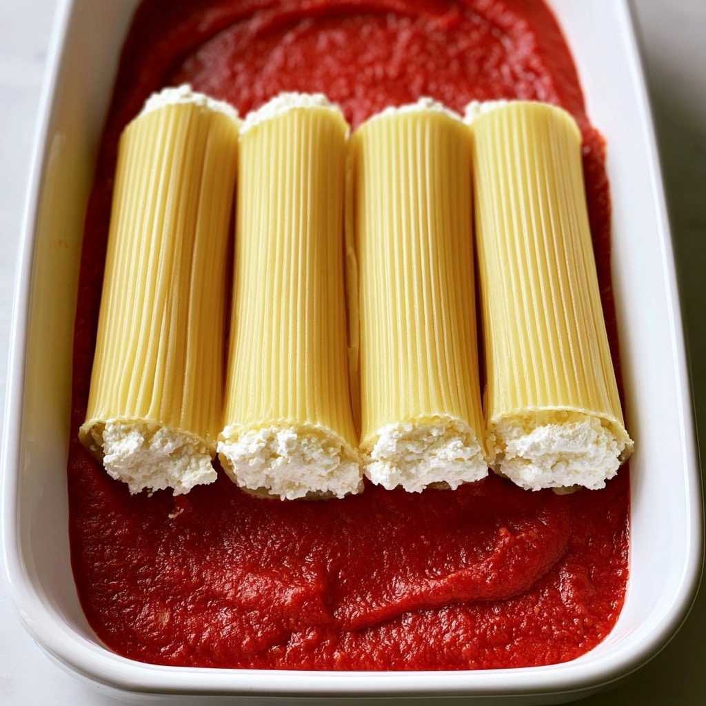 A white baking dish with a layer of red tomato sauce spread evenly on the bottom. On top of the sauce, four large manicotti pasta tubes are placed side by side in a row, each filled with a white creamy cheese mixture that is visible at the open ends. The manicotti have a smooth, ridged texture and a pale yellow color. The background surface is a white marbled texture. Text at the bottom says