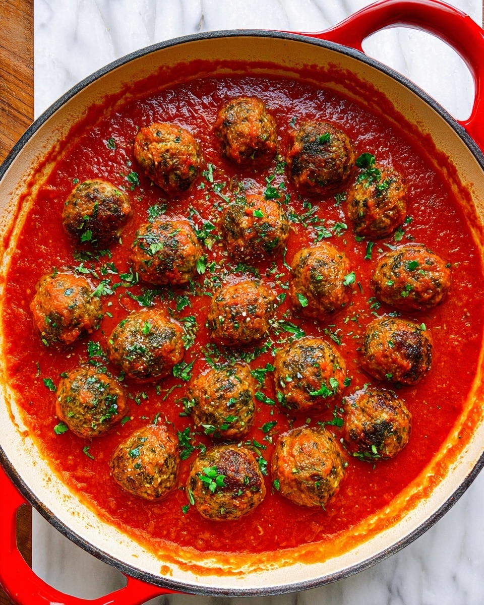 A white pan with red handles holds about sixteen evenly spread meatballs covered in a thick, bright red tomato sauce. The meatballs have a browned exterior with green herbs mixed on top, and more finely chopped green herbs are scattered over the sauce. The sauce shows a smooth texture with some slight tracking on the sides of the pan, contrasting with the meatballs' rough surface. The pan is placed on a white marbled surface. photo taken with an iphone --ar 4:5 --v 7