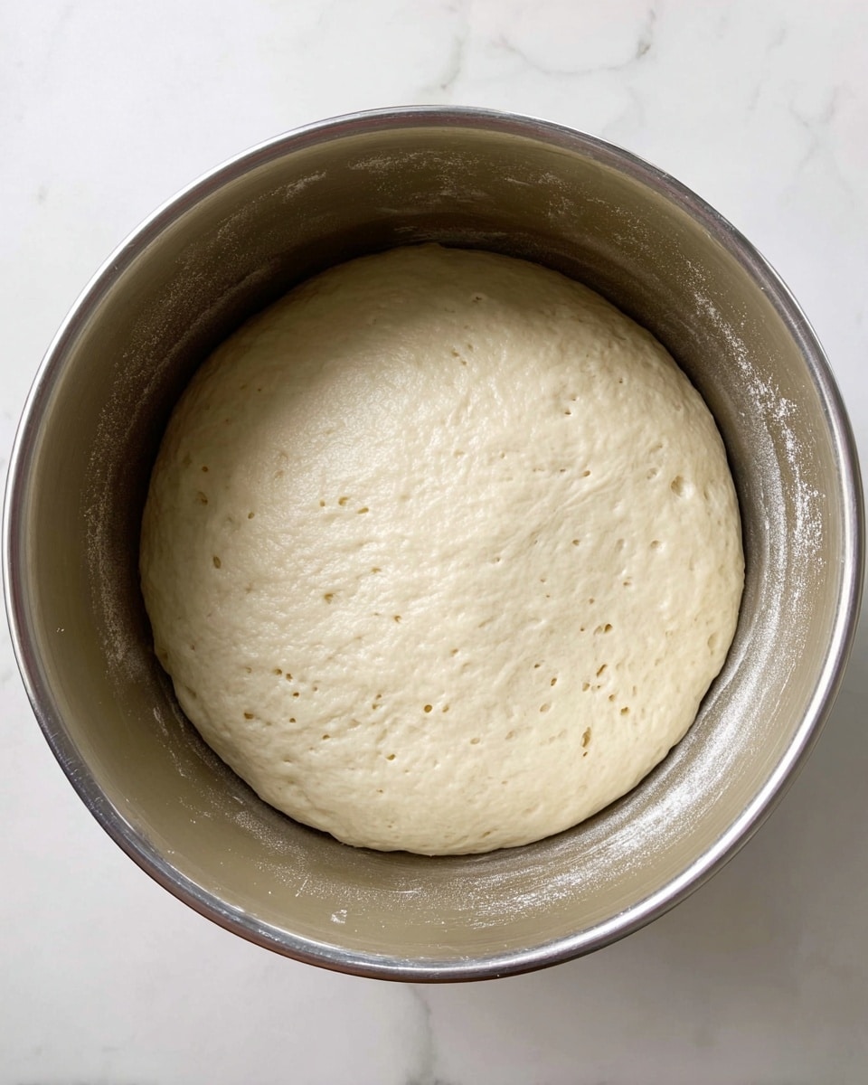 The image shows a large, round, smooth dough that has risen inside a shiny silver metal mixing bowl. The dough has a creamy off-white color with small bubbles and a slightly uneven surface texture, indicating it has been resting and expanding. The bowl is placed on a white marbled surface, and the inside walls have faint flour traces. The dough fills about half to two-thirds of the bowl’s height, centered and filling most of the bottom space. photo taken with an iphone --ar 4:5 --v 7