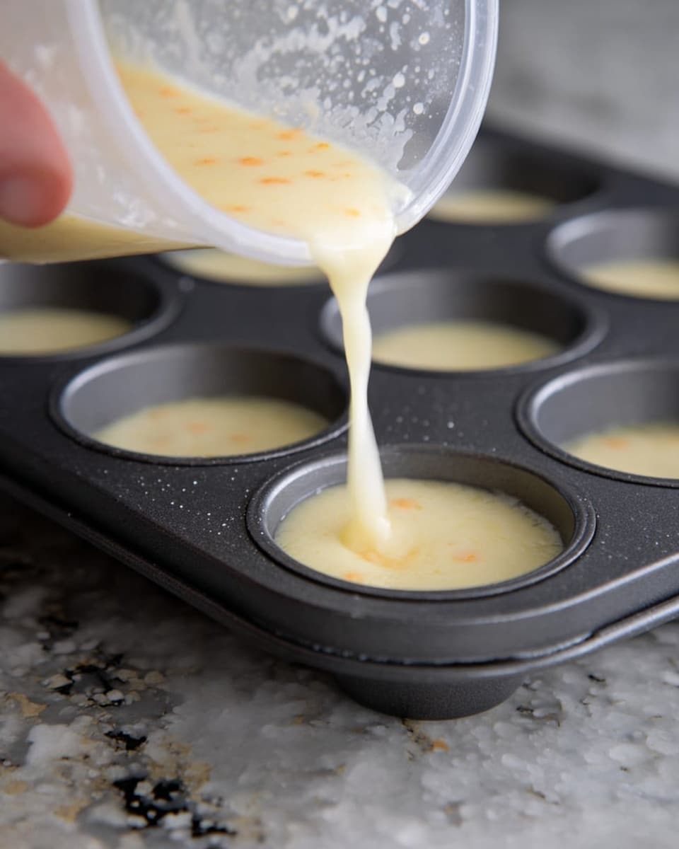 A close-up image shows pale yellow batter with little orange spots being poured from a clear plastic container into one cup of a dark gray muffin tin. The muffin tin has about 12 cups, with only one being filled. The surface under the tin is a white marbled texture with brown and black spots. The batter looks smooth and liquid, and a woman's hand holds the container at the top left corner, gently tilting it to pour the batter. photo taken with an iphone --ar 4:5 --v 7
