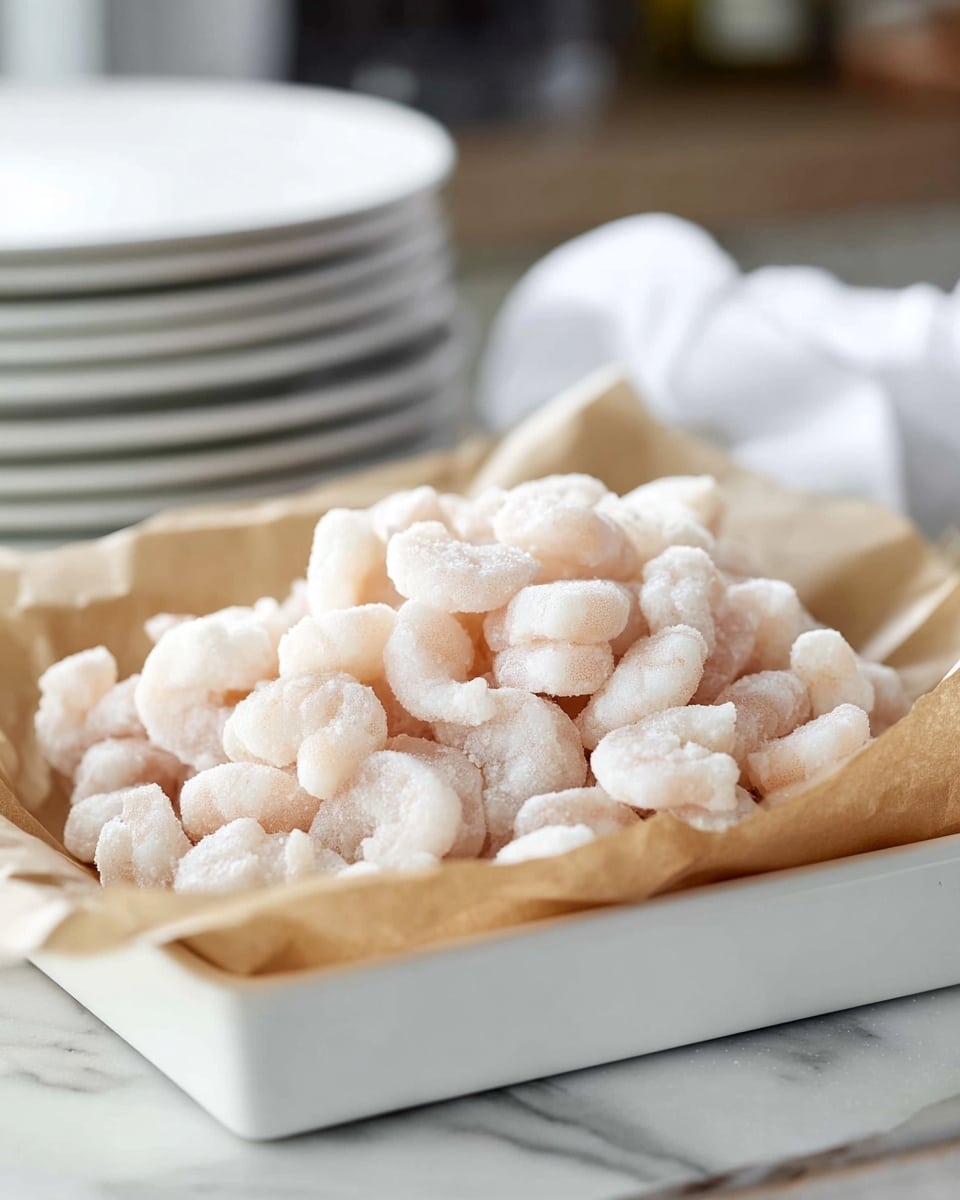 A white rectangular tray lined with light brown parchment paper holds a large pile of small, irregularly shaped pieces of frozen white shrimp. The shrimp have a frosty, slightly textured surface with a pale pink hue under the frost. The tray is placed on a white marbled surface, and blurred stacks of white dishes and a white cloth can be seen in the background. Photo taken with an iphone --ar 4:5 --v 7